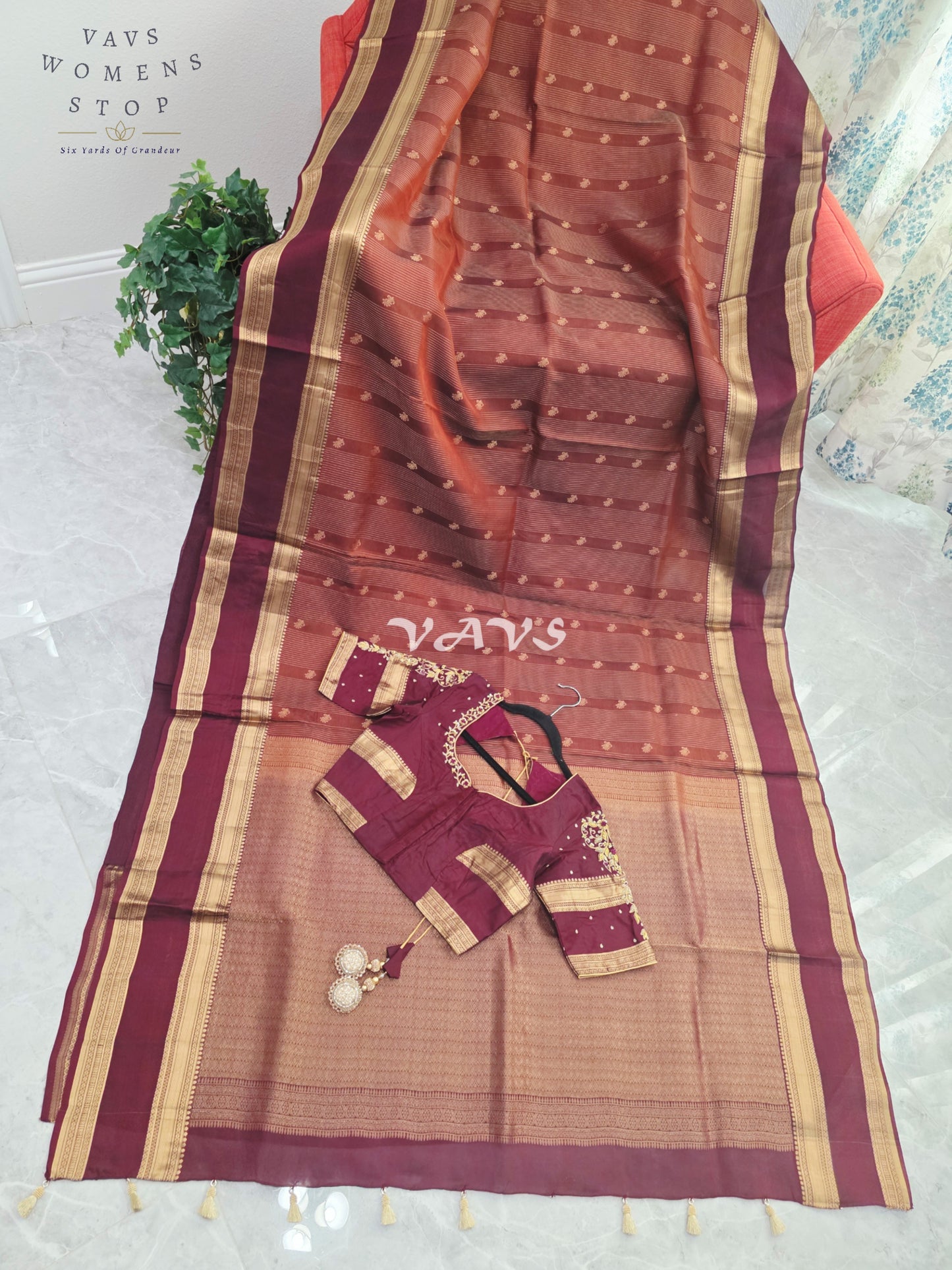 Royal Cinnamon Copper & Mulberry Wine Pure Kanchi Double Warp Soft Silk Gap Border Saree with Designer Maggam Blouse