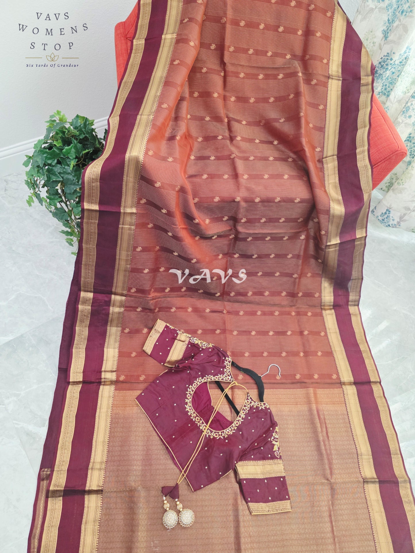 Royal Cinnamon Copper & Mulberry Wine Pure Kanchi Double Warp Soft Silk Gap Border Saree with Designer Maggam Blouse