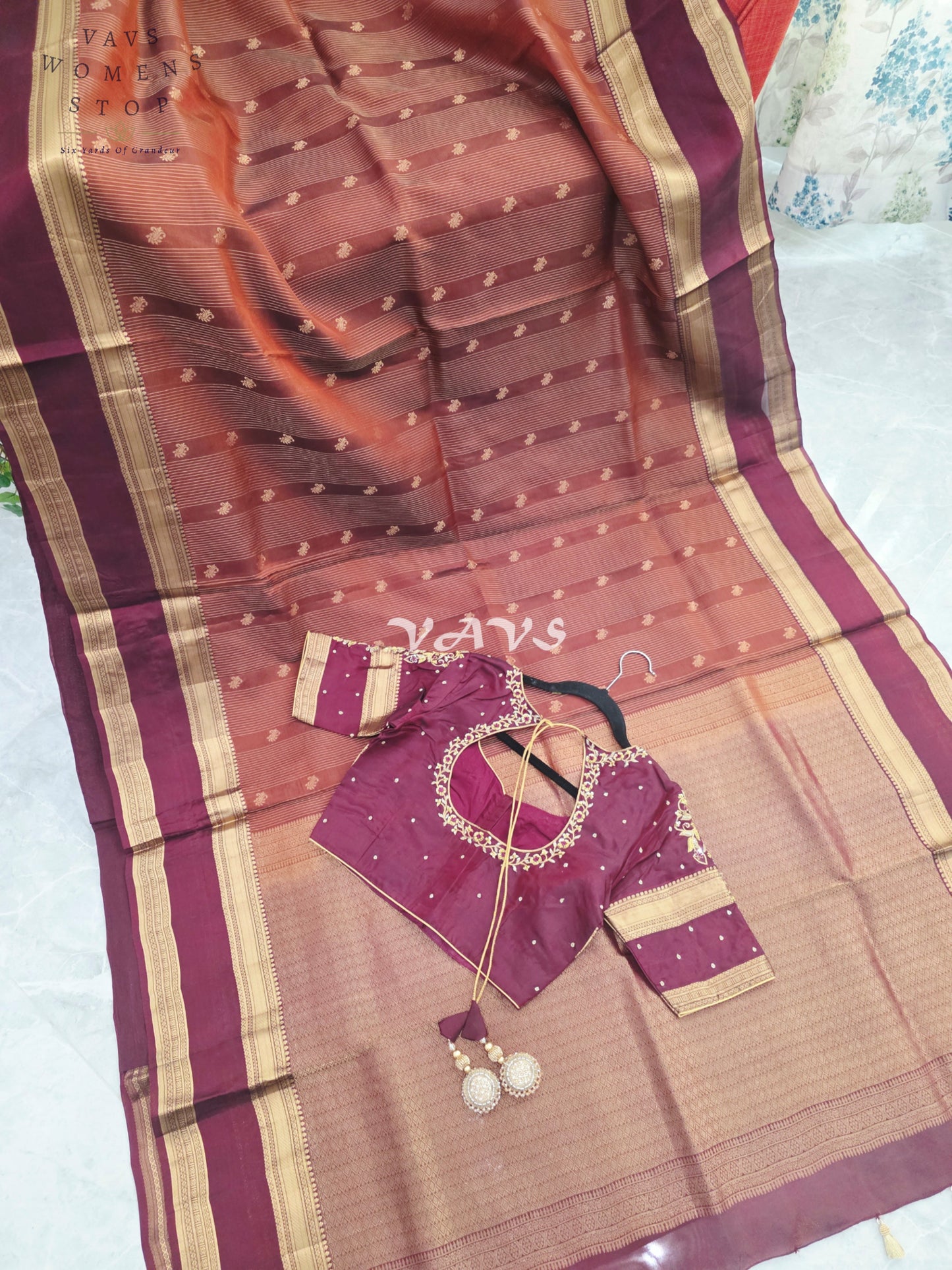 Royal Cinnamon Copper & Mulberry Wine Pure Kanchi Double Warp Soft Silk Gap Border Saree with Designer Maggam Blouse