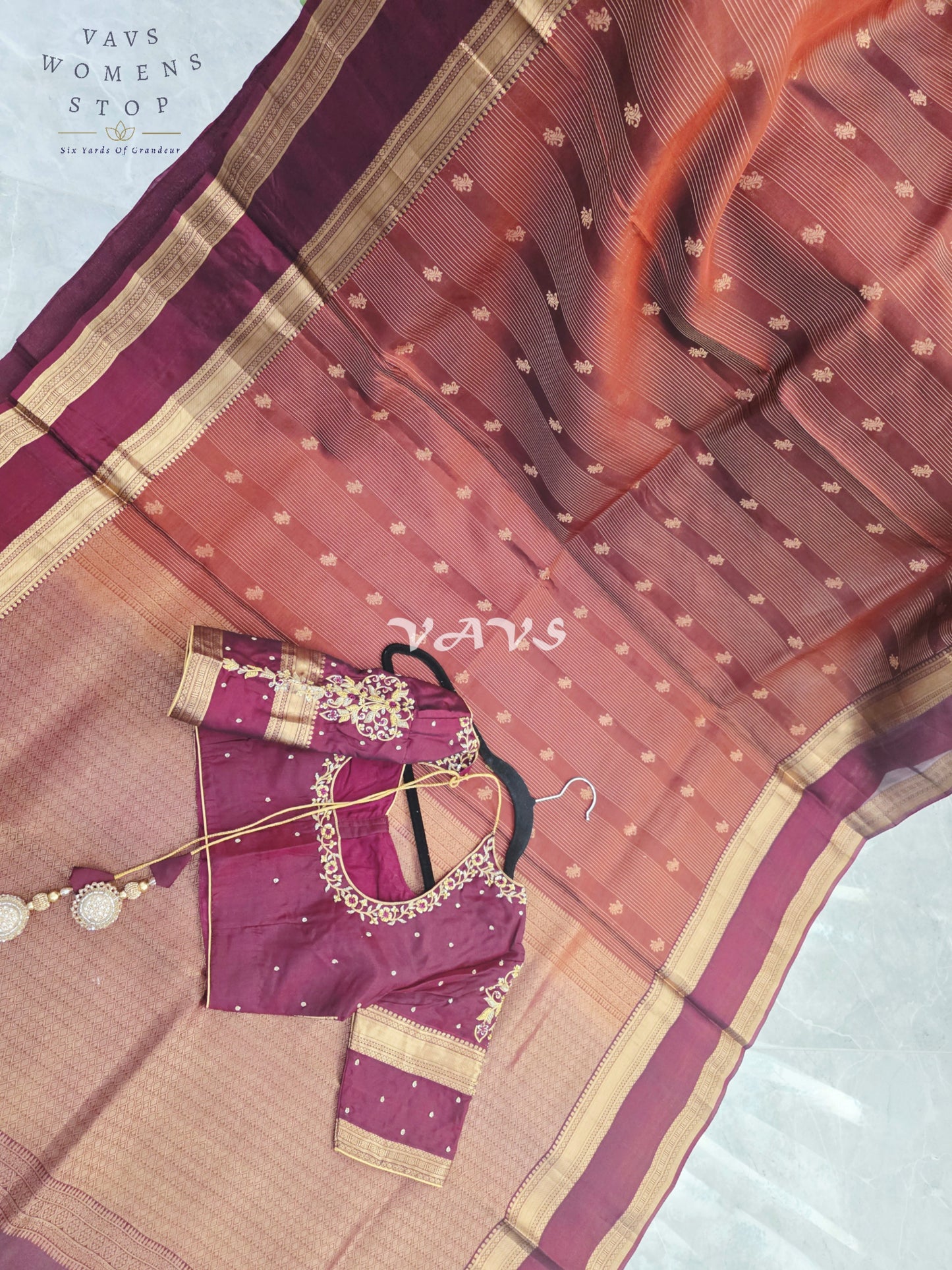 Royal Cinnamon Copper & Mulberry Wine Pure Kanchi Double Warp Soft Silk Gap Border Saree with Designer Maggam Blouse