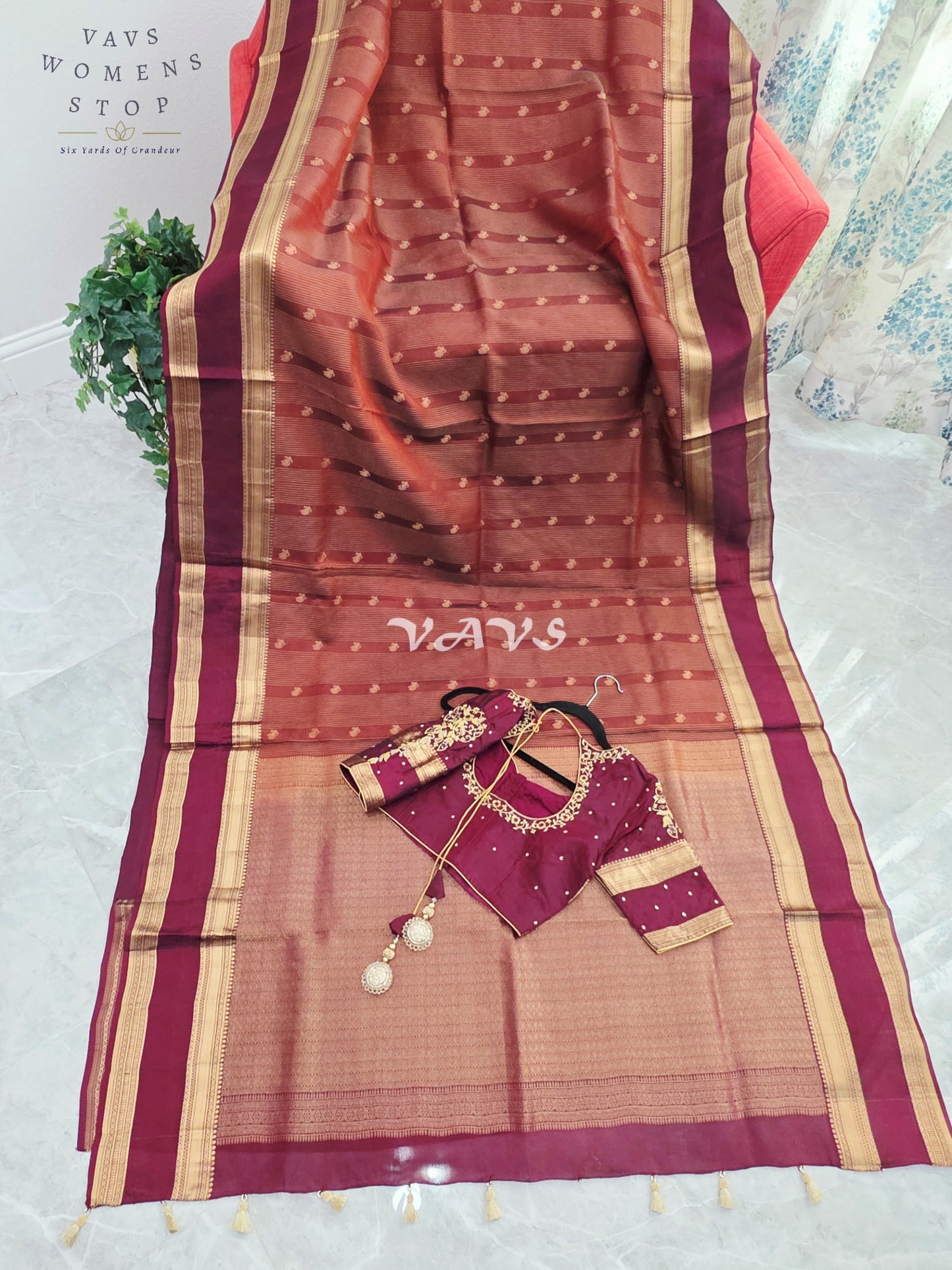 Royal Cinnamon Copper & Mulberry Wine Pure Kanchi Double Warp Soft Silk Gap Border Saree with Designer Maggam Blouse