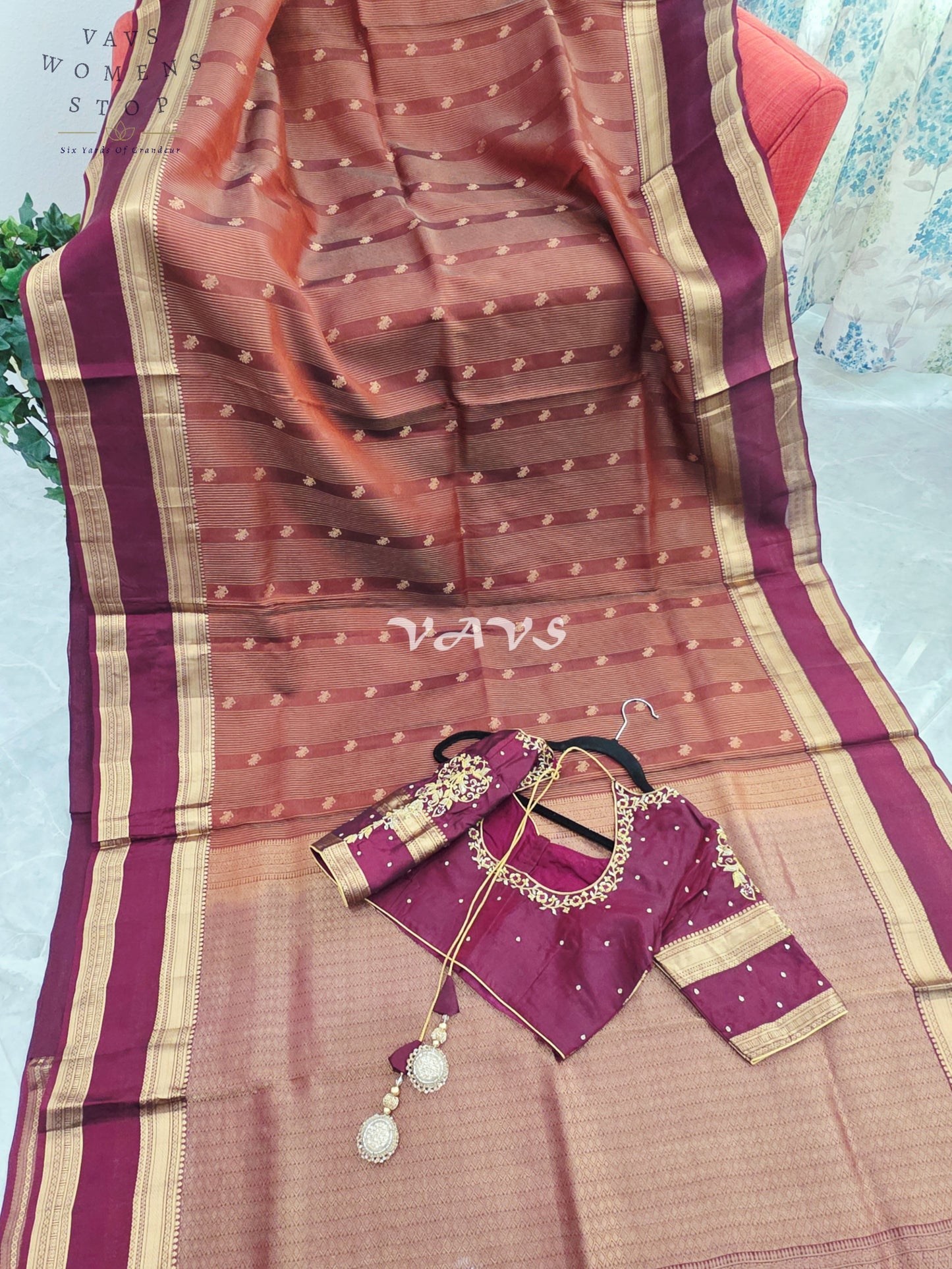 Royal Cinnamon Copper & Mulberry Wine Pure Kanchi Double Warp Soft Silk Gap Border Saree with Designer Maggam Blouse