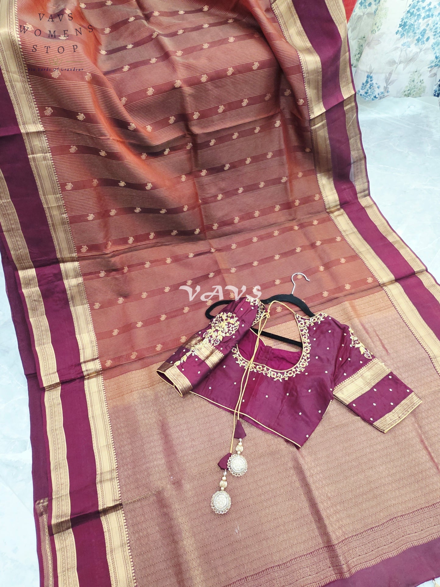 Royal Cinnamon Copper & Mulberry Wine Pure Kanchi Double Warp Soft Silk Gap Border Saree with Designer Maggam Blouse