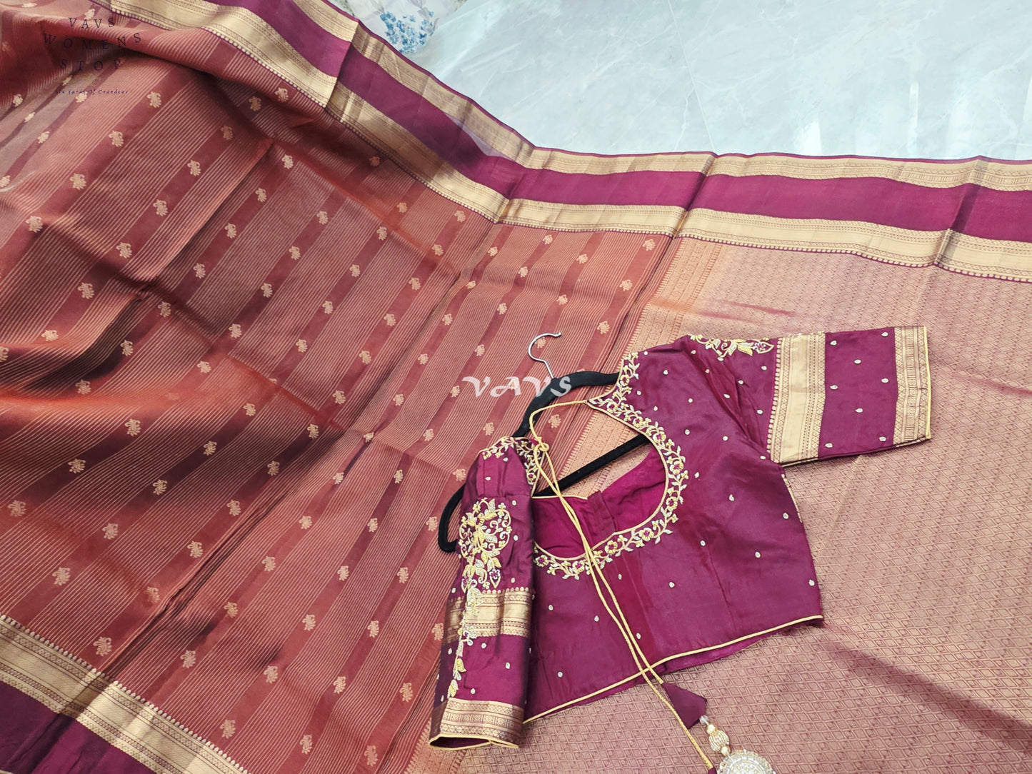 Royal Cinnamon Copper & Mulberry Wine Pure Kanchi Double Warp Soft Silk Gap Border Saree with Designer Maggam Blouse