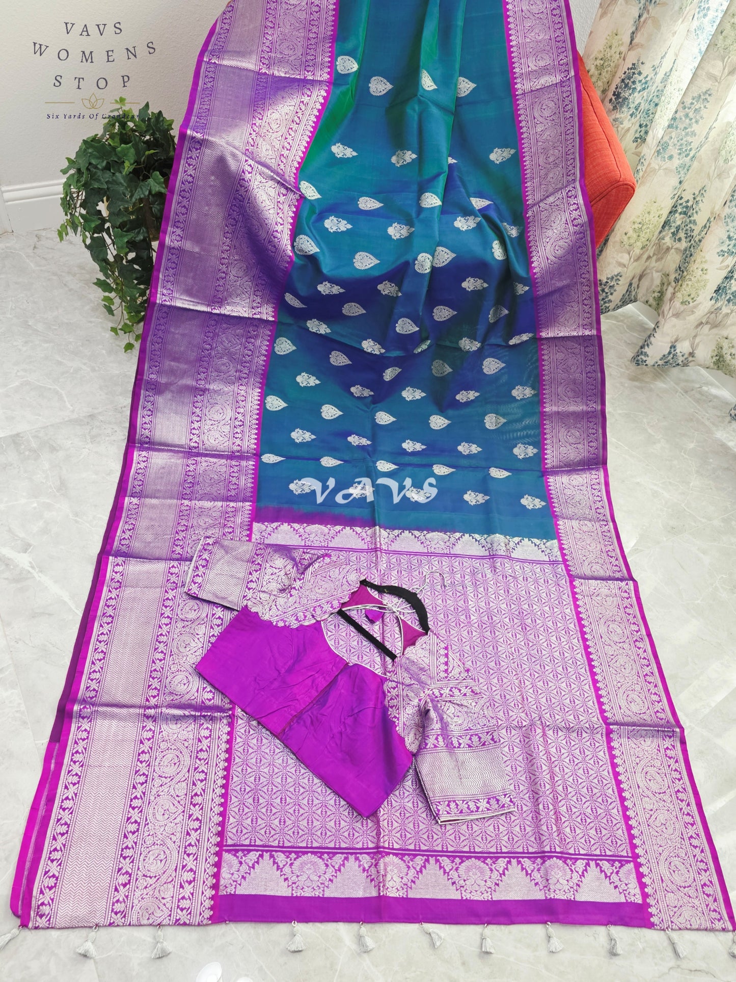 Royal Sapphire Blue & Royal Orchid Purple Pure Venkatagiri Pattu Handloom Saree with Silver Zari Stitched Blouse