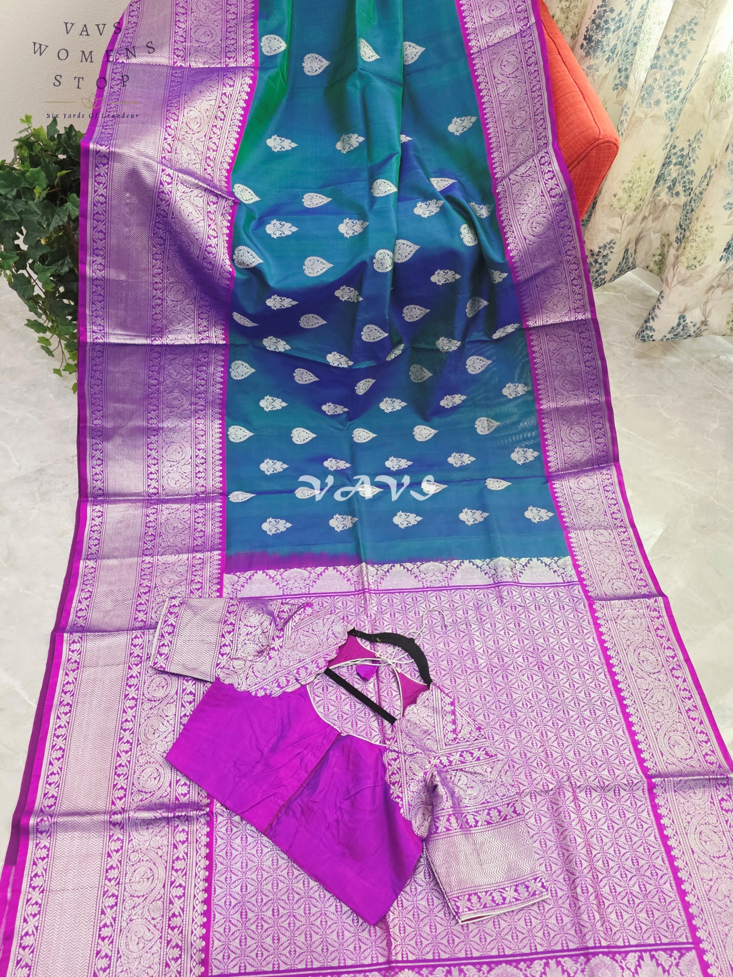 Royal Sapphire Blue & Royal Orchid Purple Pure Venkatagiri Pattu Handloom Saree with Silver Zari Stitched Blouse