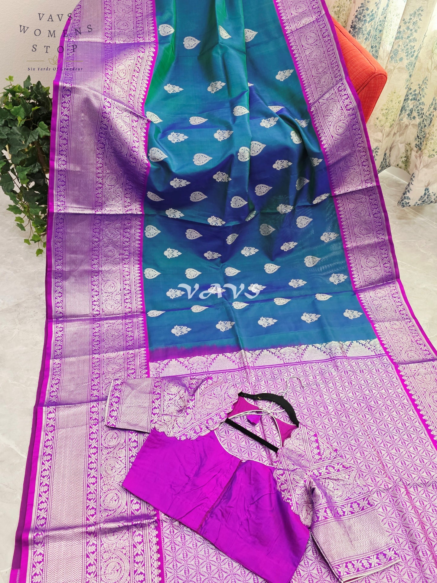 Royal Sapphire Blue & Royal Orchid Purple Pure Venkatagiri Pattu Handloom Saree with Silver Zari Stitched Blouse