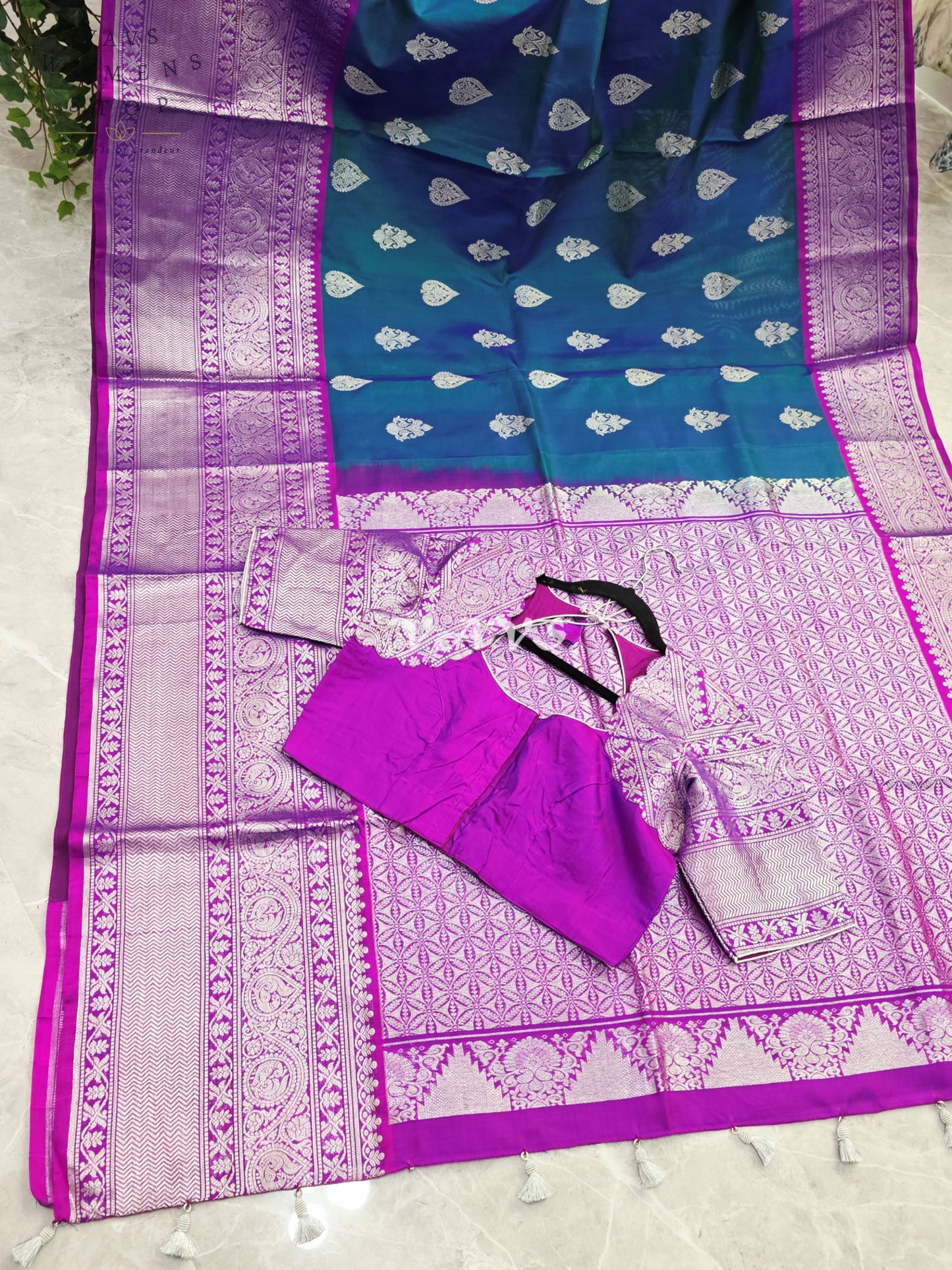 Royal Sapphire Blue & Royal Orchid Purple Pure Venkatagiri Pattu Handloom Saree with Silver Zari Stitched Blouse