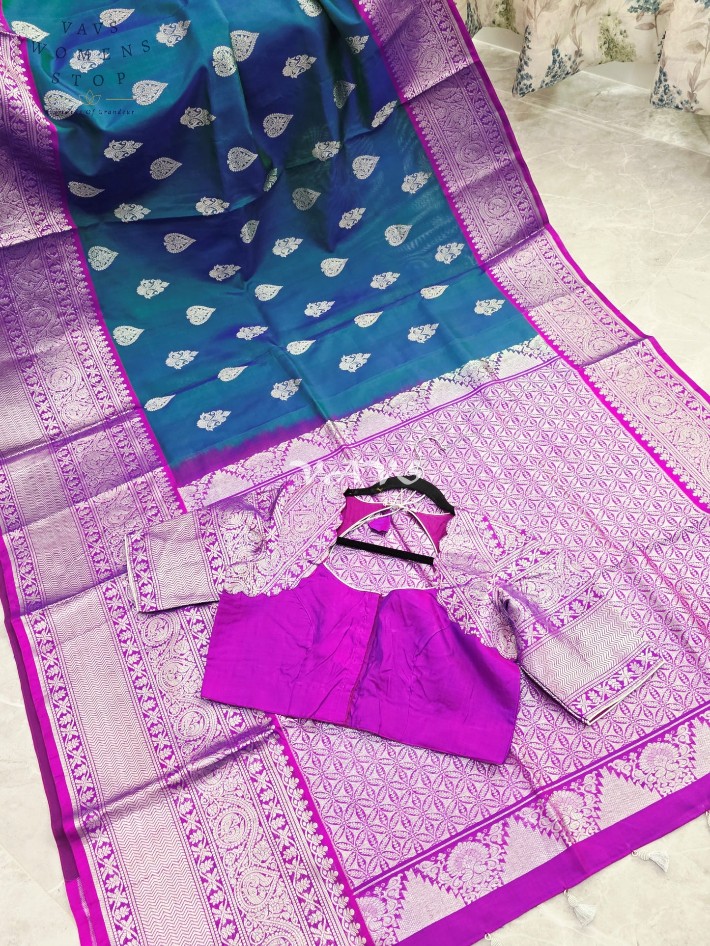 Royal Sapphire Blue & Royal Orchid Purple Pure Venkatagiri Pattu Handloom Saree with Silver Zari Stitched Blouse