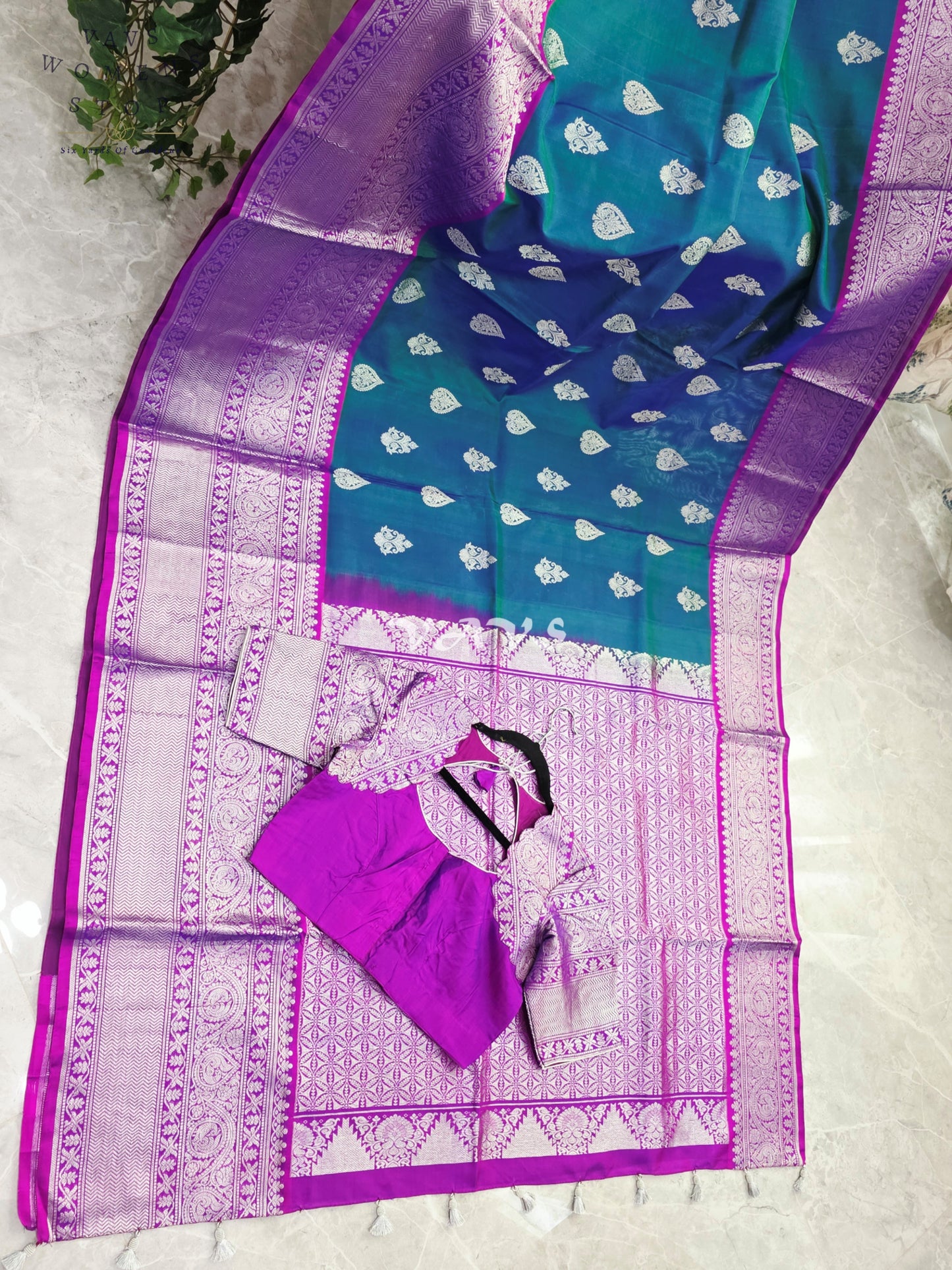 Royal Sapphire Blue & Royal Orchid Purple Pure Venkatagiri Pattu Handloom Saree with Silver Zari Stitched Blouse