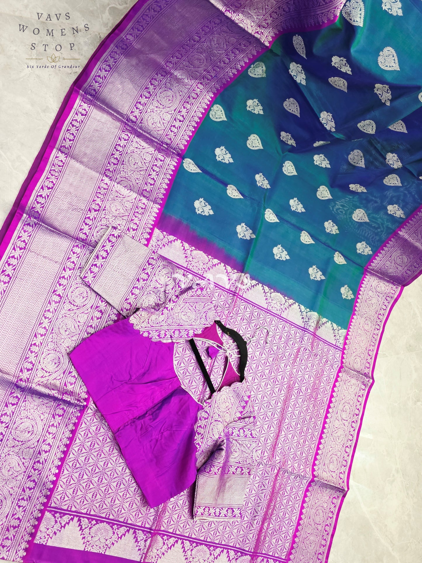 Royal Sapphire Blue & Royal Orchid Purple Pure Venkatagiri Pattu Handloom Saree with Silver Zari Stitched Blouse