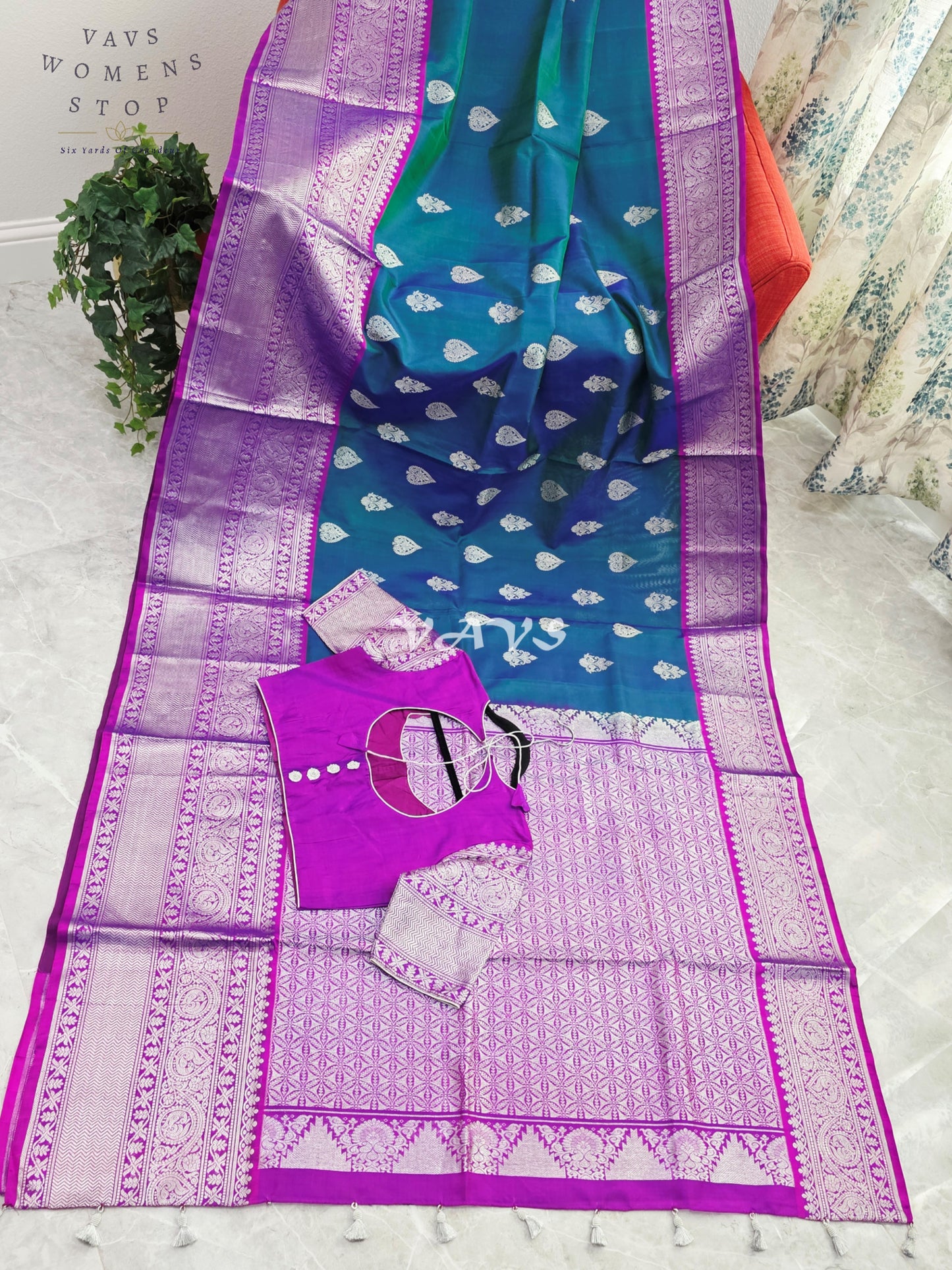 Royal Sapphire Blue & Royal Orchid Purple Pure Venkatagiri Pattu Handloom Saree with Silver Zari Stitched Blouse