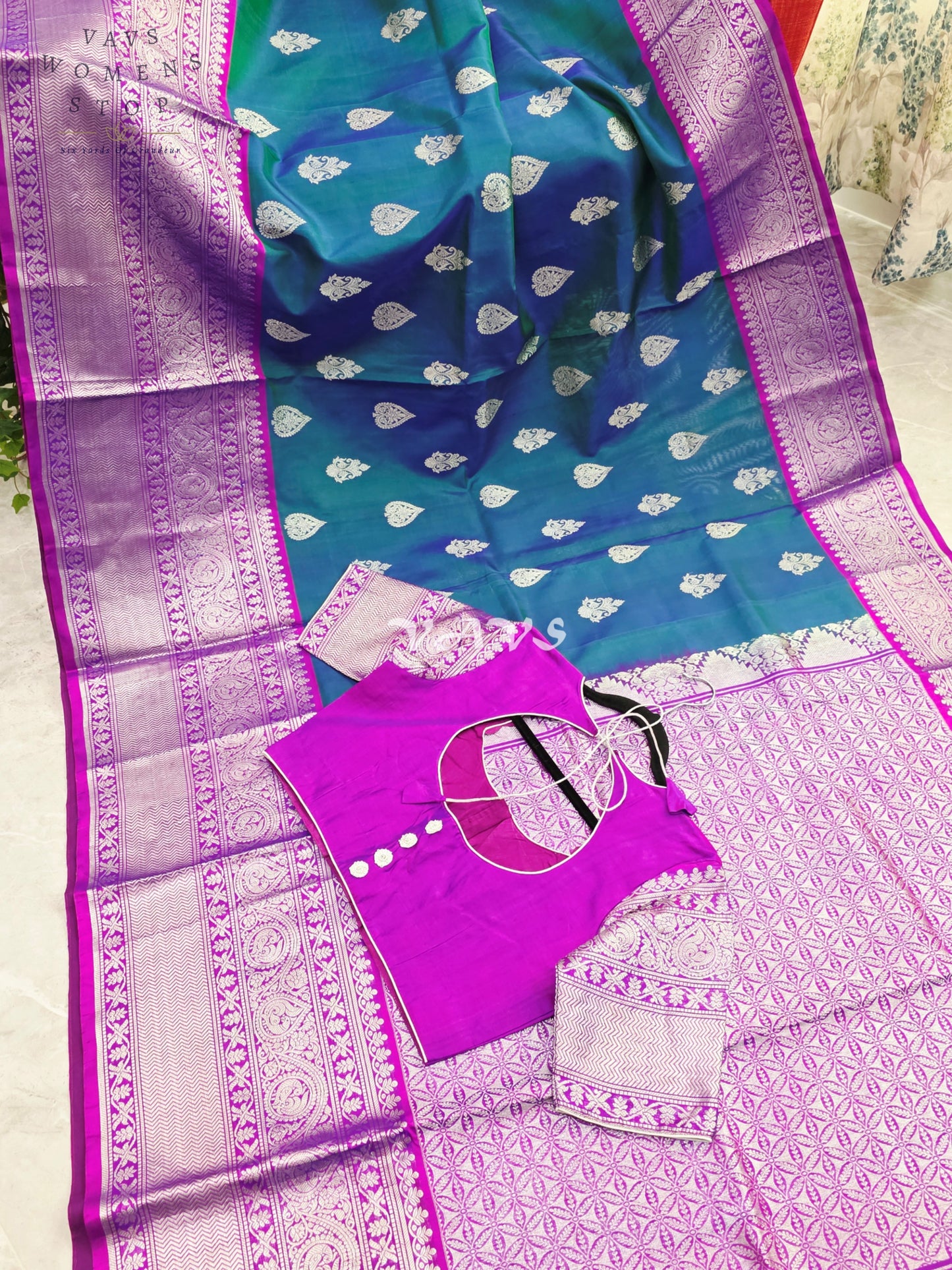 Royal Sapphire Blue & Royal Orchid Purple Pure Venkatagiri Pattu Handloom Saree with Silver Zari Stitched Blouse