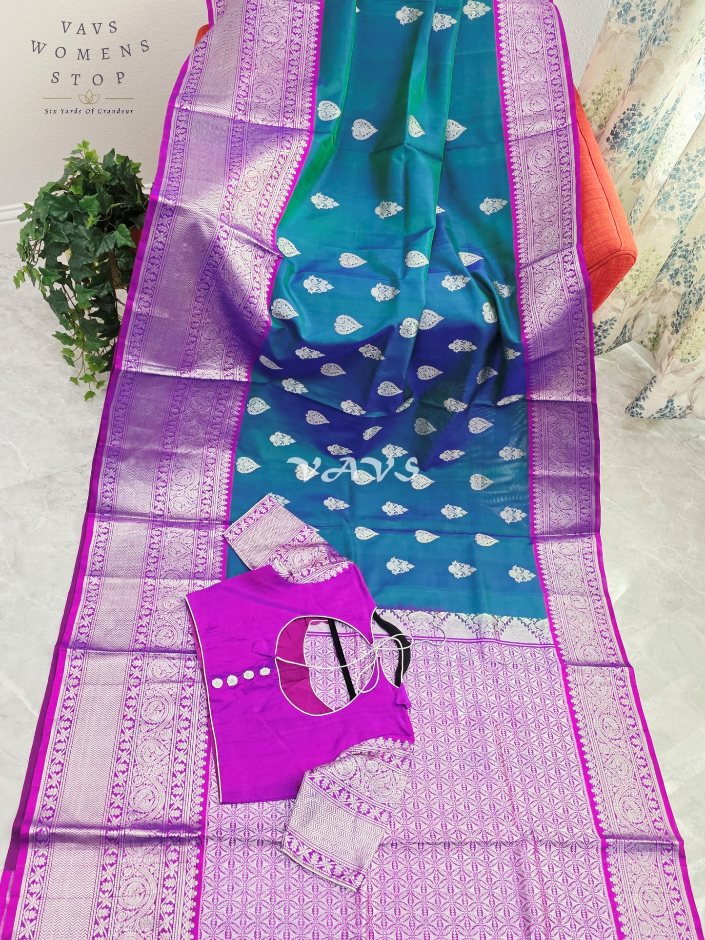 Royal Sapphire Blue & Royal Orchid Purple Pure Venkatagiri Pattu Handloom Saree with Silver Zari Stitched Blouse