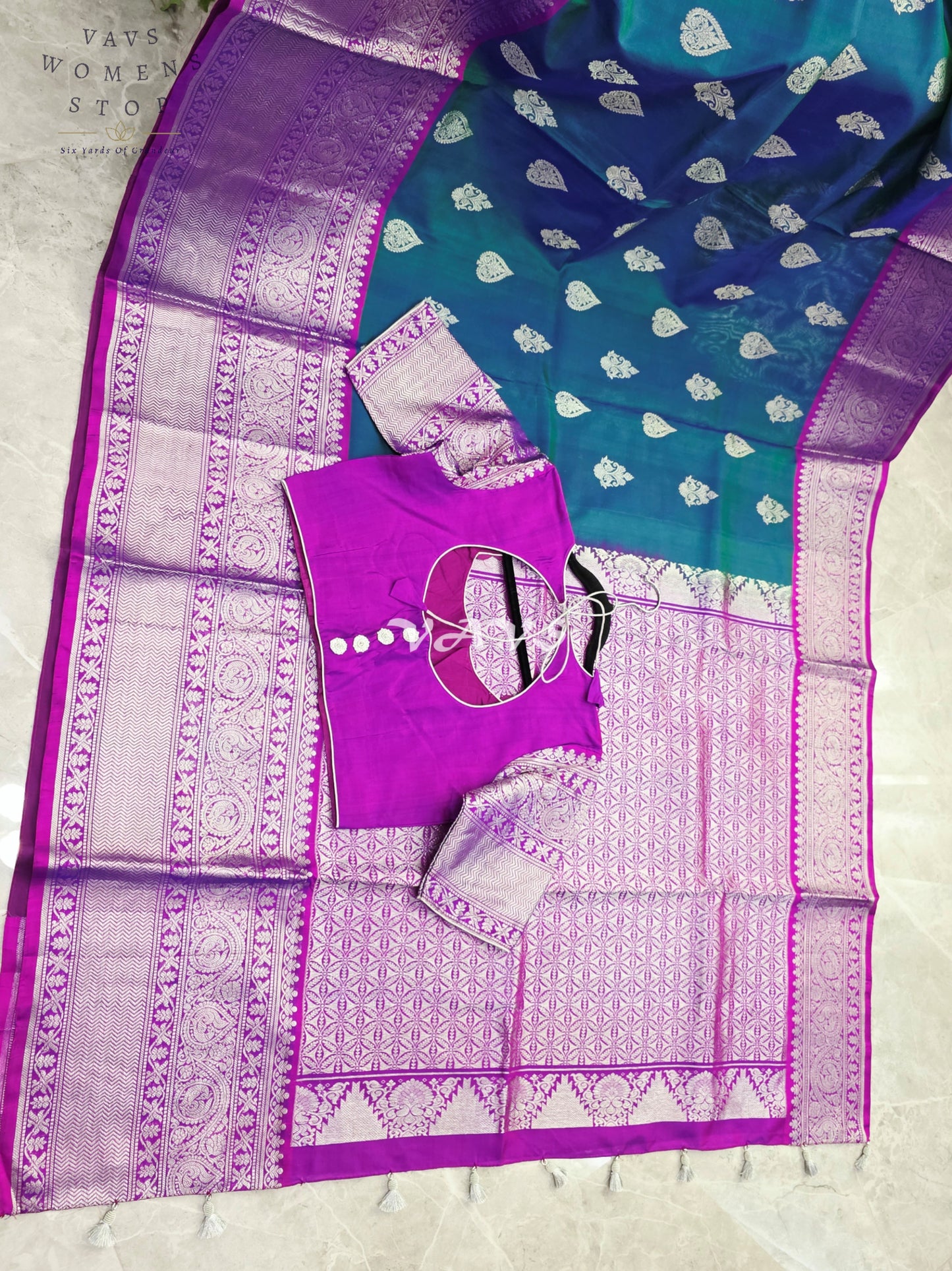 Royal Sapphire Blue & Royal Orchid Purple Pure Venkatagiri Pattu Handloom Saree with Silver Zari Stitched Blouse
