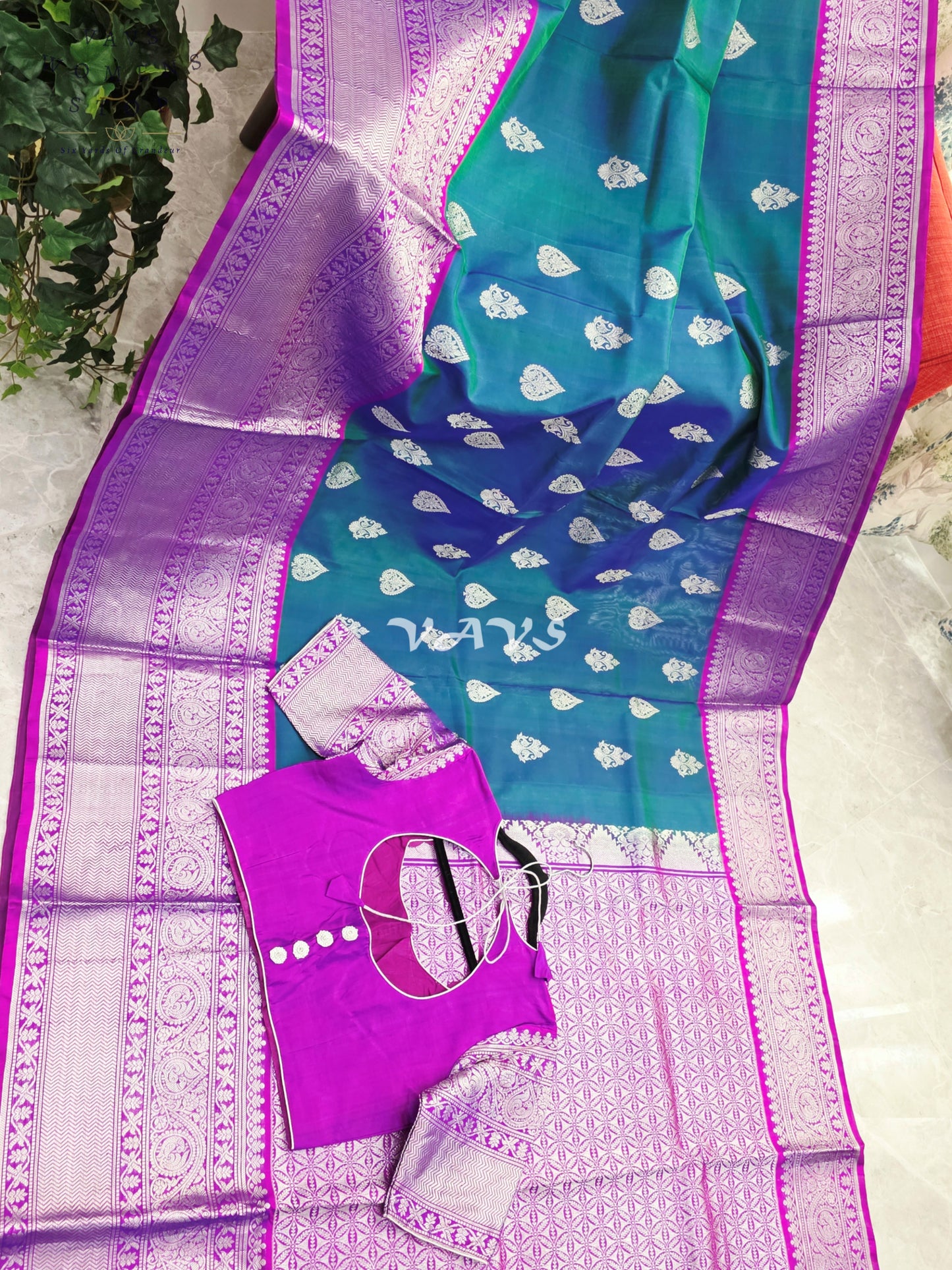 Royal Sapphire Blue & Royal Orchid Purple Pure Venkatagiri Pattu Handloom Saree with Silver Zari Stitched Blouse