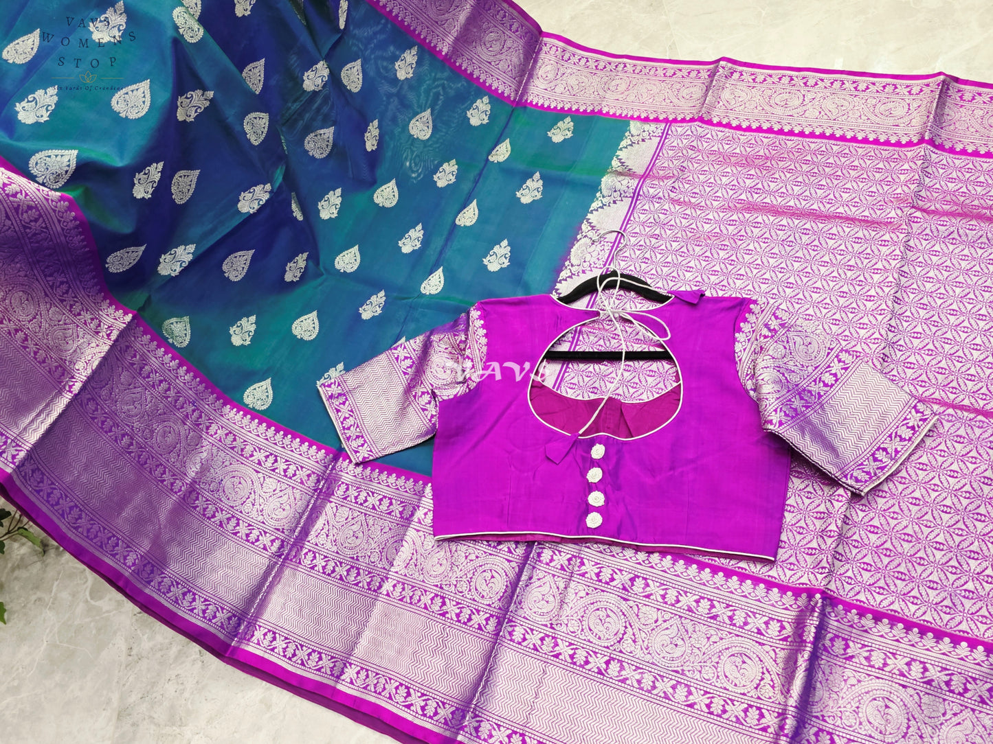 Royal Sapphire Blue & Royal Orchid Purple Pure Venkatagiri Pattu Handloom Saree with Silver Zari Stitched Blouse