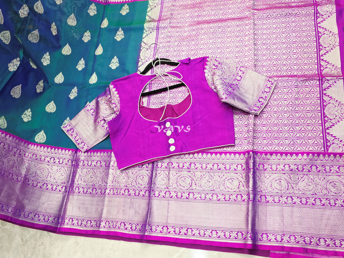 Royal Sapphire Blue & Royal Orchid Purple Pure Venkatagiri Pattu Handloom Saree with Silver Zari Stitched Blouse