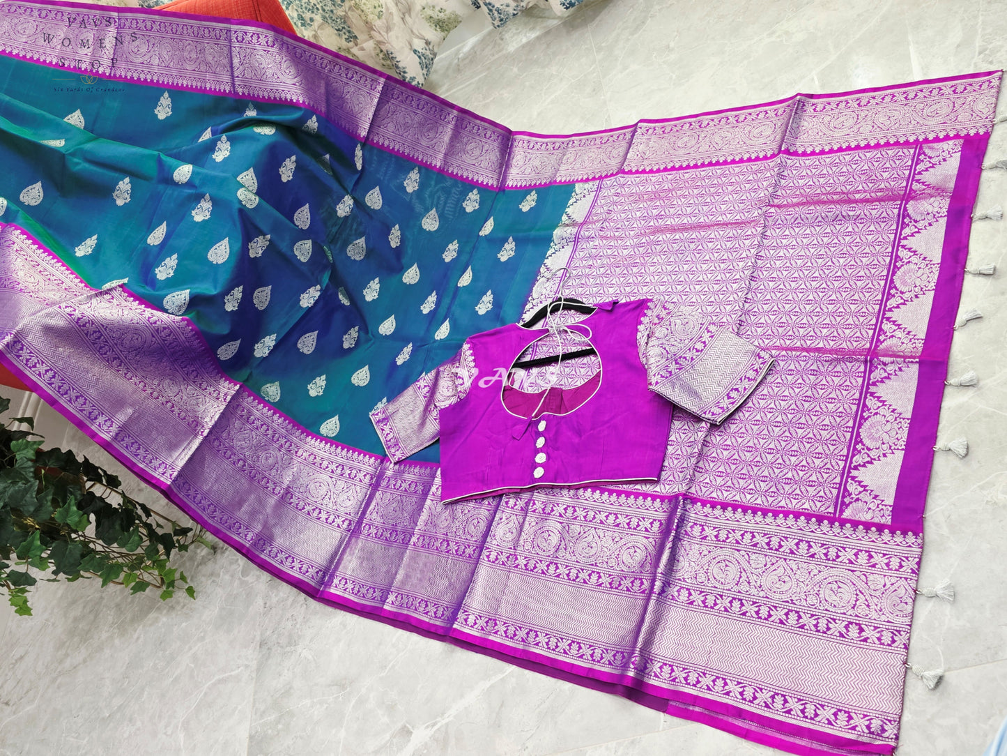Royal Sapphire Blue & Royal Orchid Purple Pure Venkatagiri Pattu Handloom Saree with Silver Zari Stitched Blouse