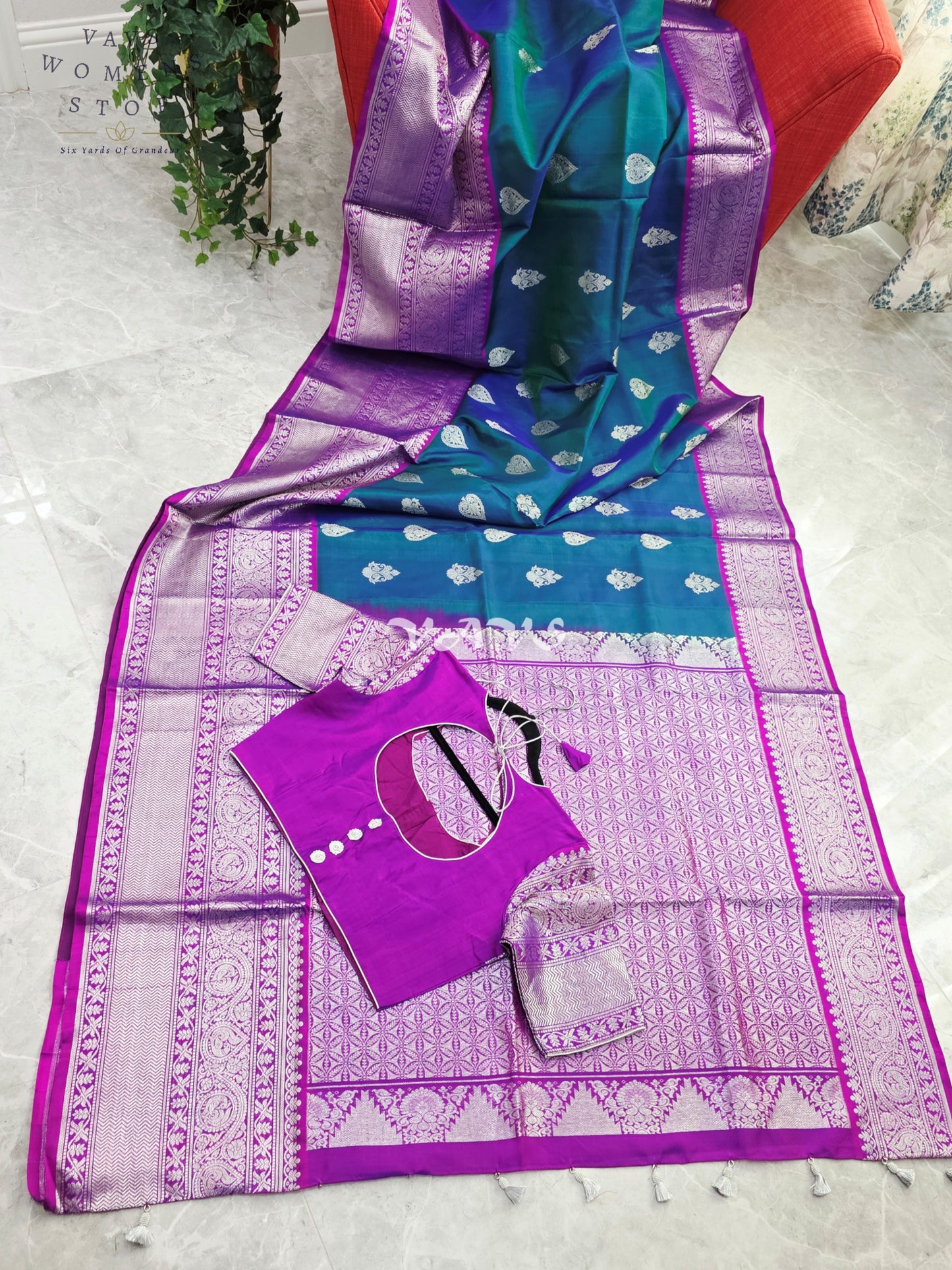Royal Sapphire Blue & Royal Orchid Purple Pure Venkatagiri Pattu Handloom Saree with Silver Zari Stitched Blouse