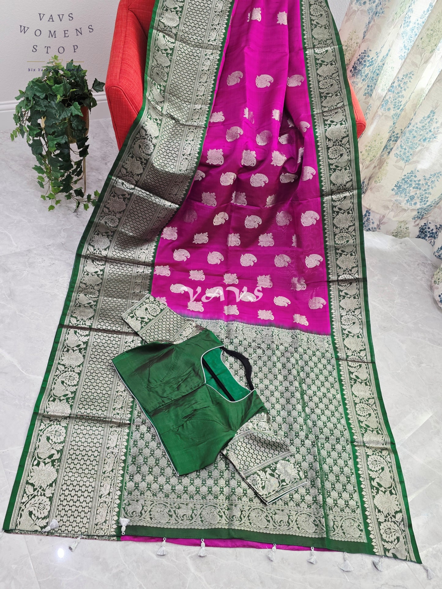 Royal Fuchsia Pink & Emerald Green Pure Venkatagiri Pattu Handloom Saree with Silver Zari Weave & Stitched Blouse