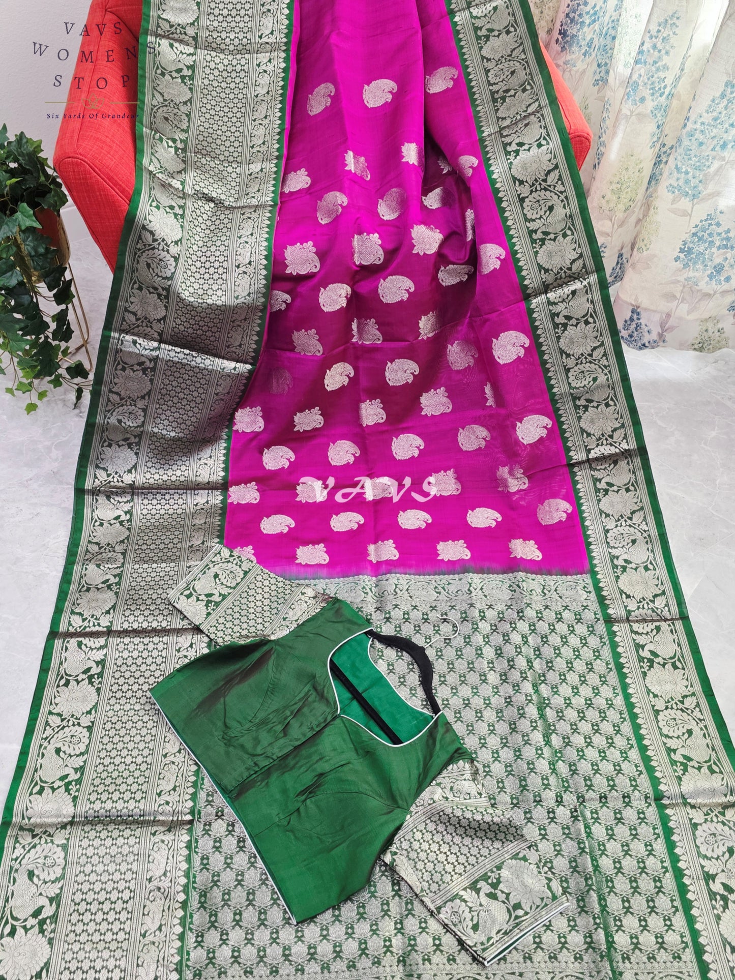Royal Fuchsia Pink & Emerald Green Pure Venkatagiri Pattu Handloom Saree with Silver Zari Weave & Stitched Blouse