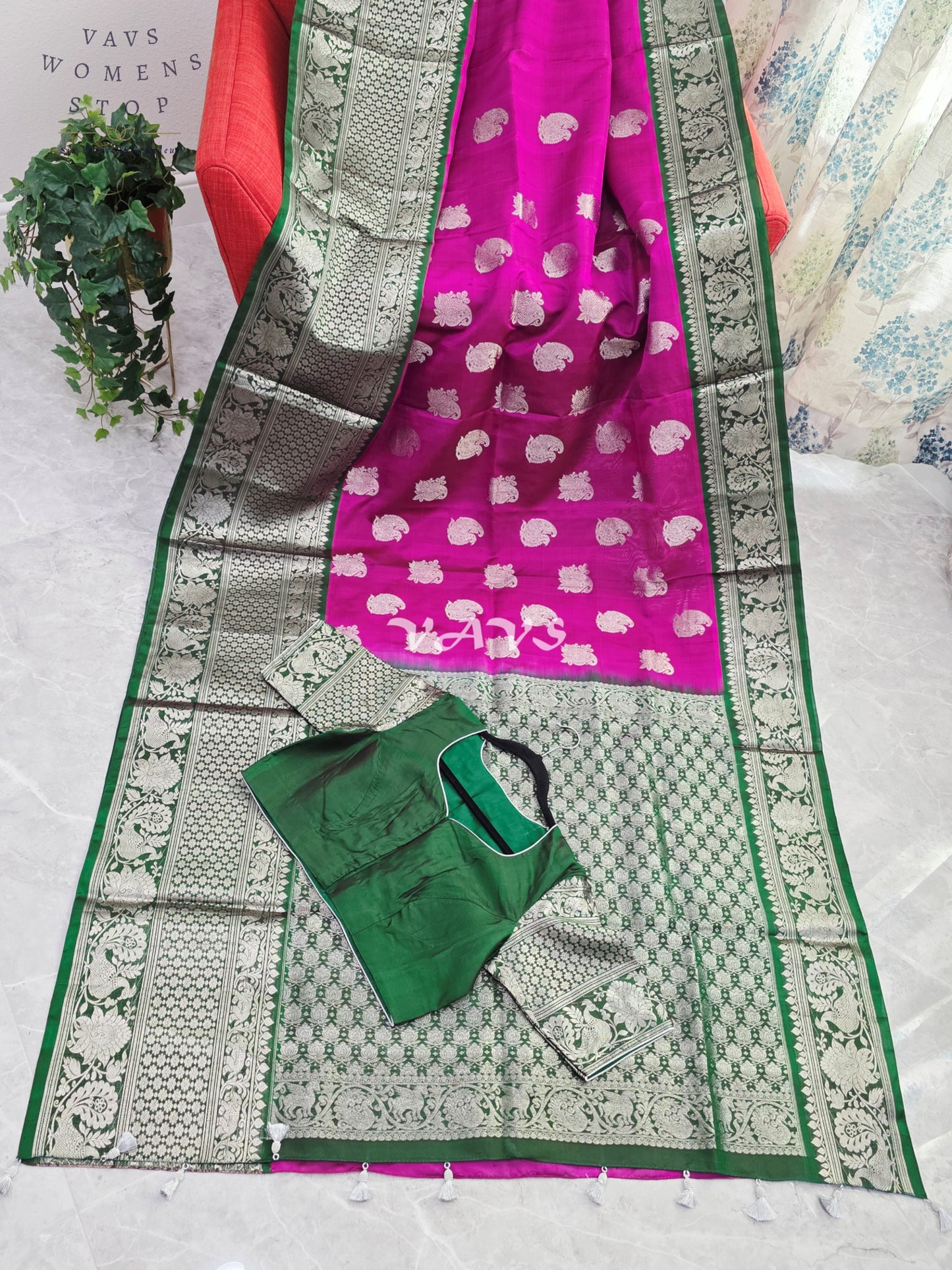 Royal Fuchsia Pink & Emerald Green Pure Venkatagiri Pattu Handloom Saree with Silver Zari Weave & Stitched Blouse