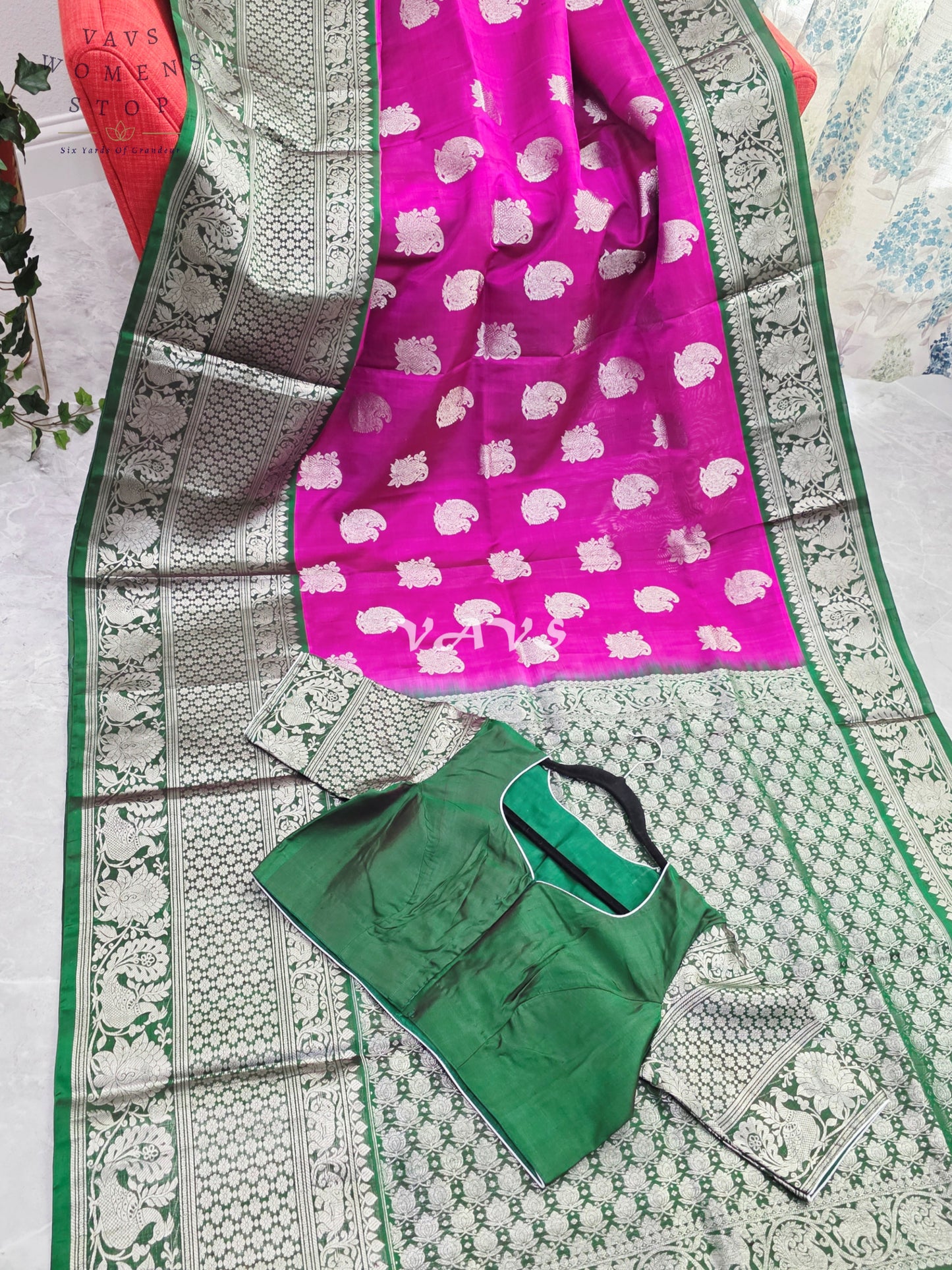 Royal Fuchsia Pink & Emerald Green Pure Venkatagiri Pattu Handloom Saree with Silver Zari Weave & Stitched Blouse