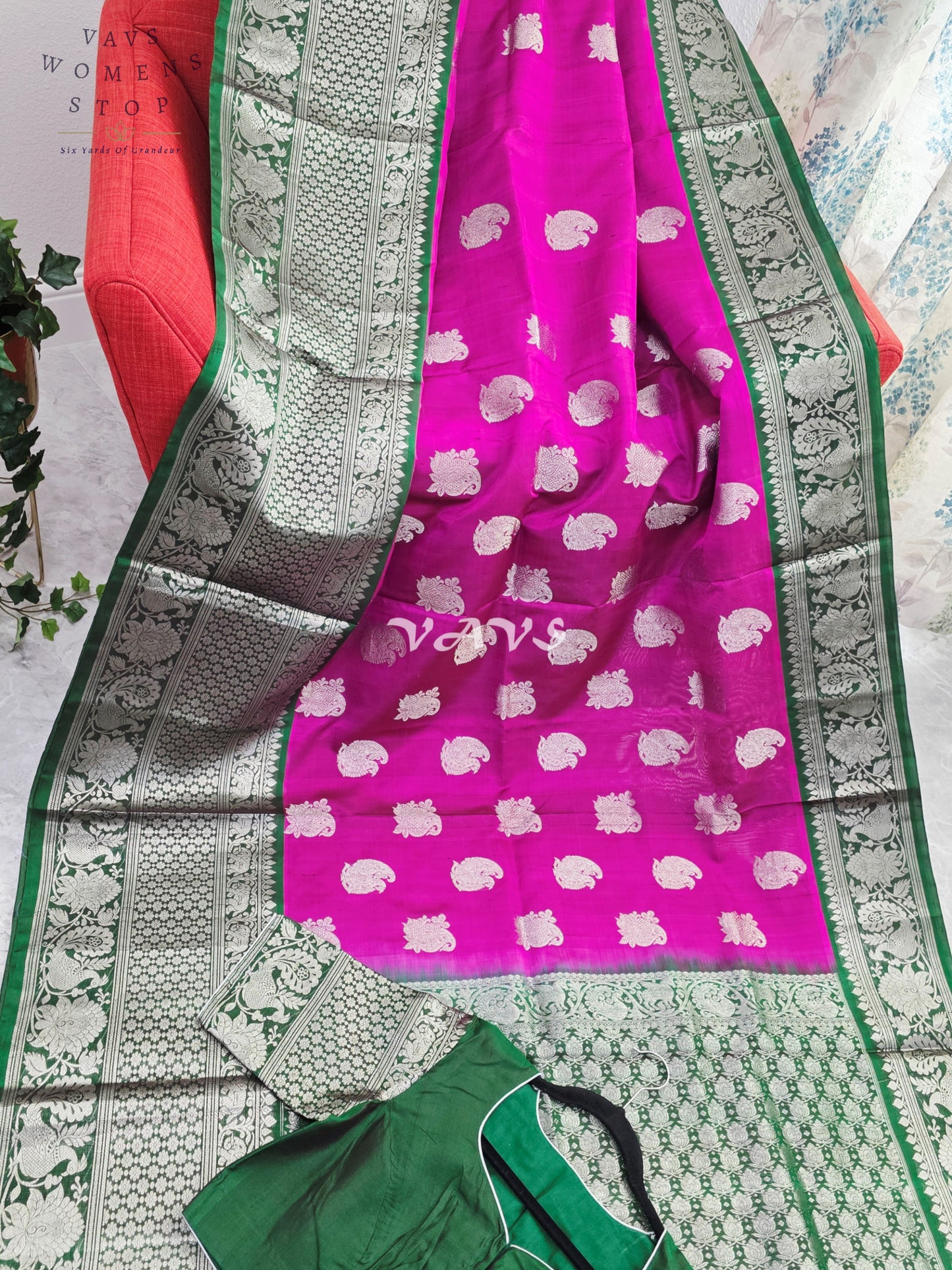 Royal Fuchsia Pink & Emerald Green Pure Venkatagiri Pattu Handloom Saree with Silver Zari Weave & Stitched Blouse