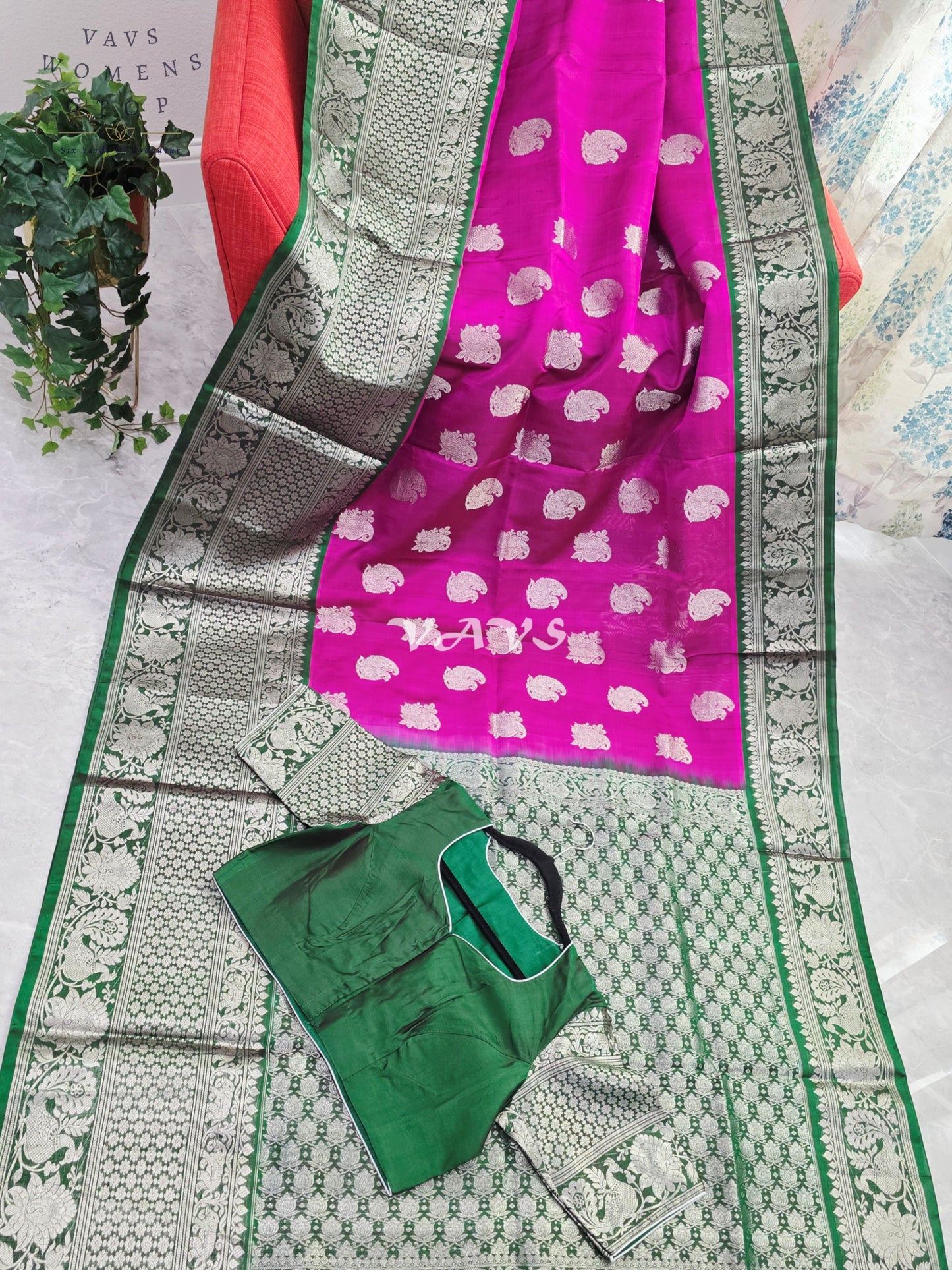 Royal Fuchsia Pink & Emerald Green Pure Venkatagiri Pattu Handloom Saree with Silver Zari Weave & Stitched Blouse