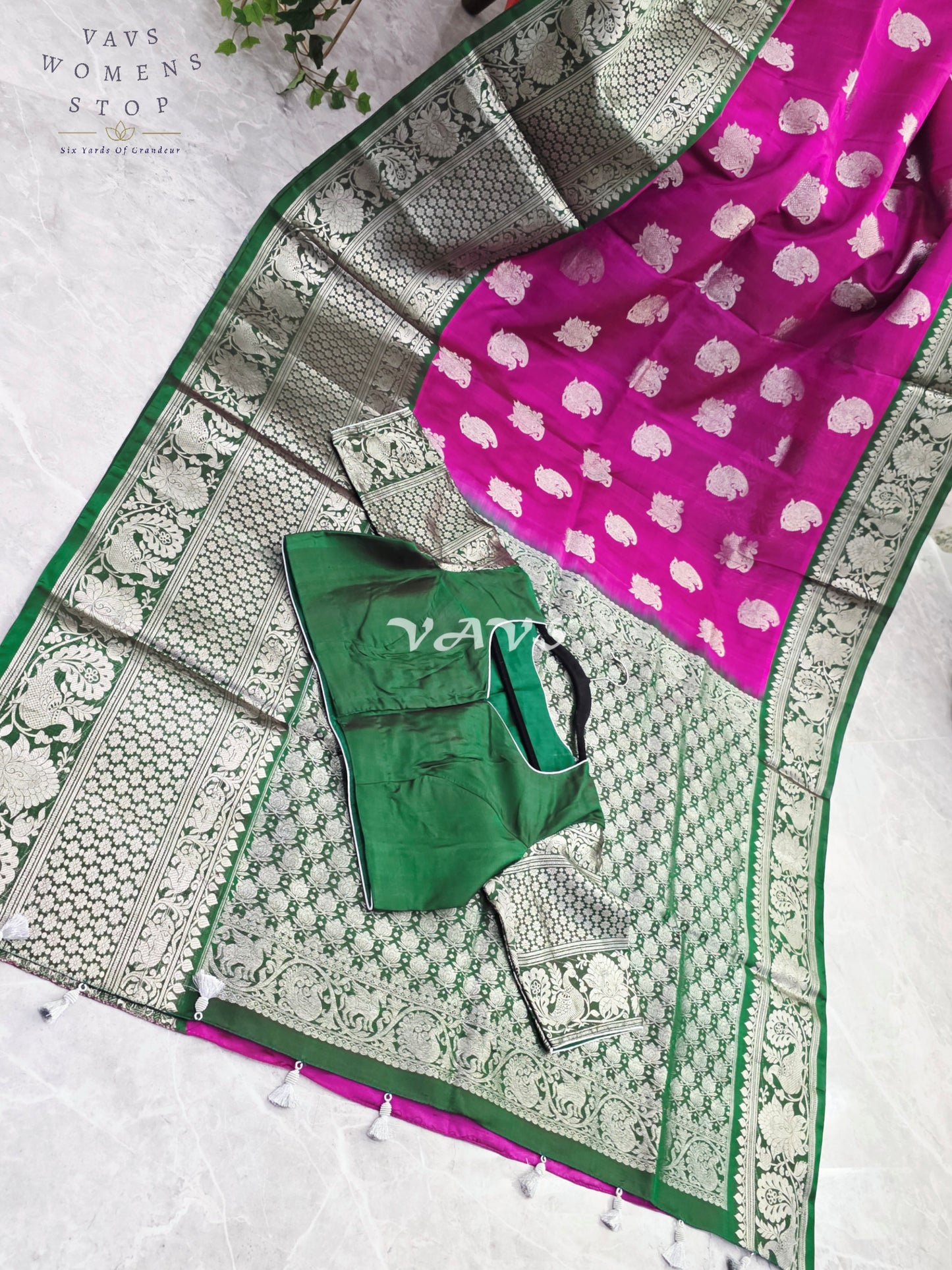 Royal Fuchsia Pink & Emerald Green Pure Venkatagiri Pattu Handloom Saree with Silver Zari Weave & Stitched Blouse
