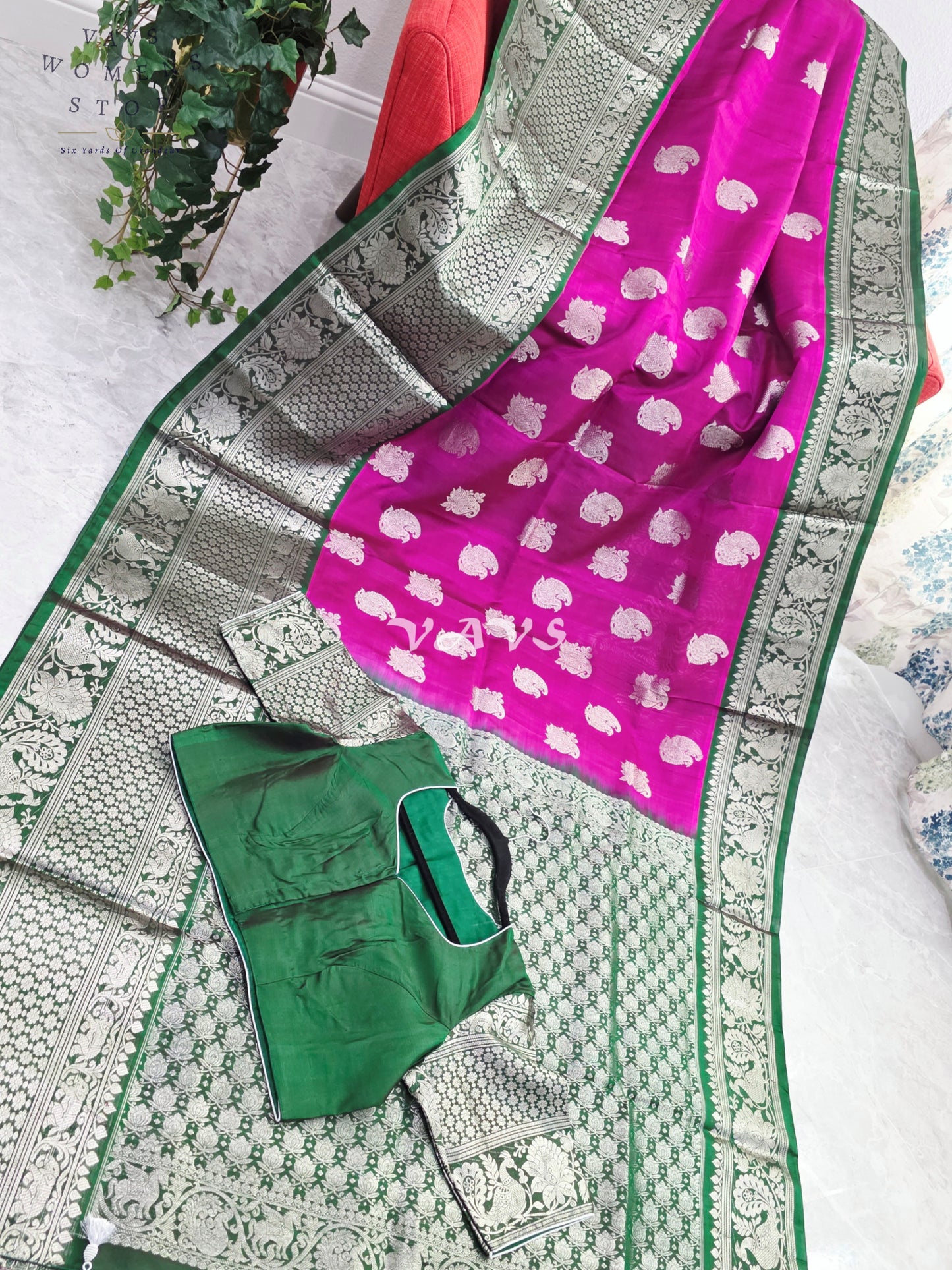 Royal Fuchsia Pink & Emerald Green Pure Venkatagiri Pattu Handloom Saree with Silver Zari Weave & Stitched Blouse