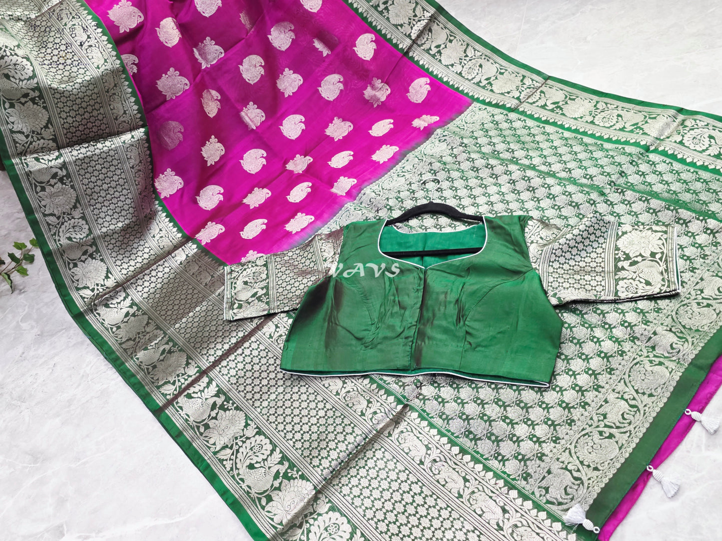 Royal Fuchsia Pink & Emerald Green Pure Venkatagiri Pattu Handloom Saree with Silver Zari Weave & Stitched Blouse