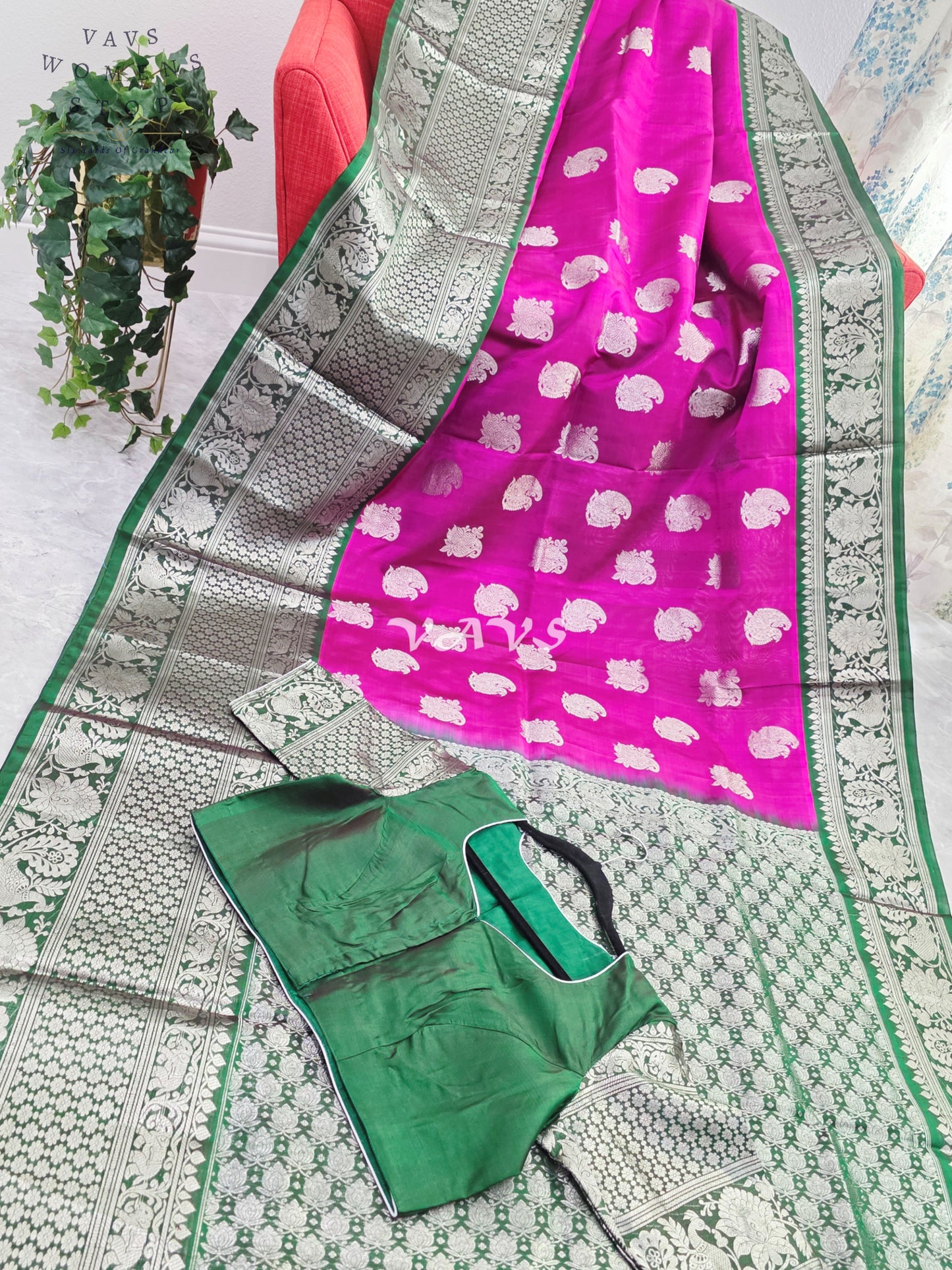 Royal Fuchsia Pink & Emerald Green Pure Venkatagiri Pattu Handloom Saree with Silver Zari Weave & Stitched Blouse