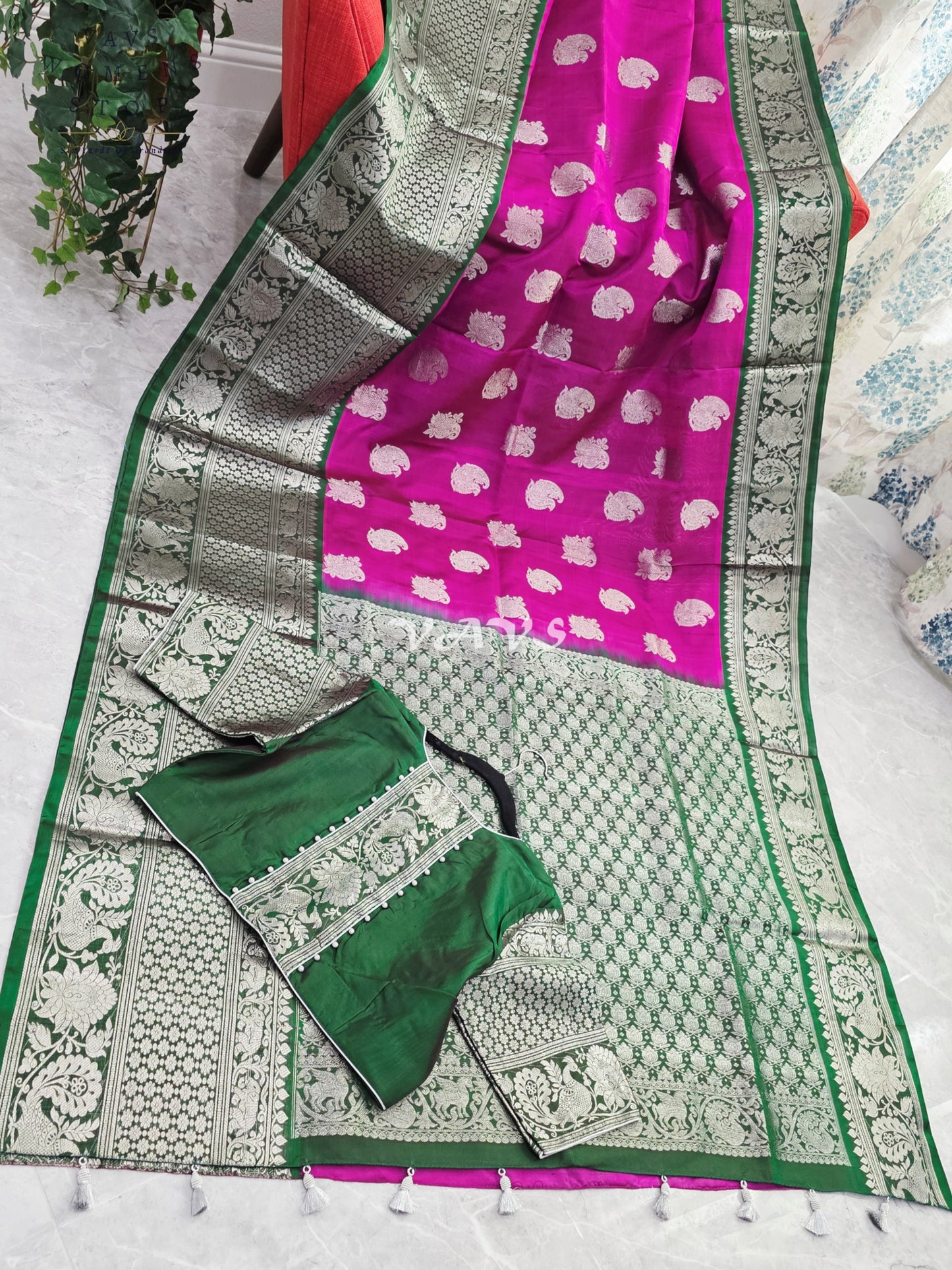 Royal Fuchsia Pink & Emerald Green Pure Venkatagiri Pattu Handloom Saree with Silver Zari Weave & Stitched Blouse