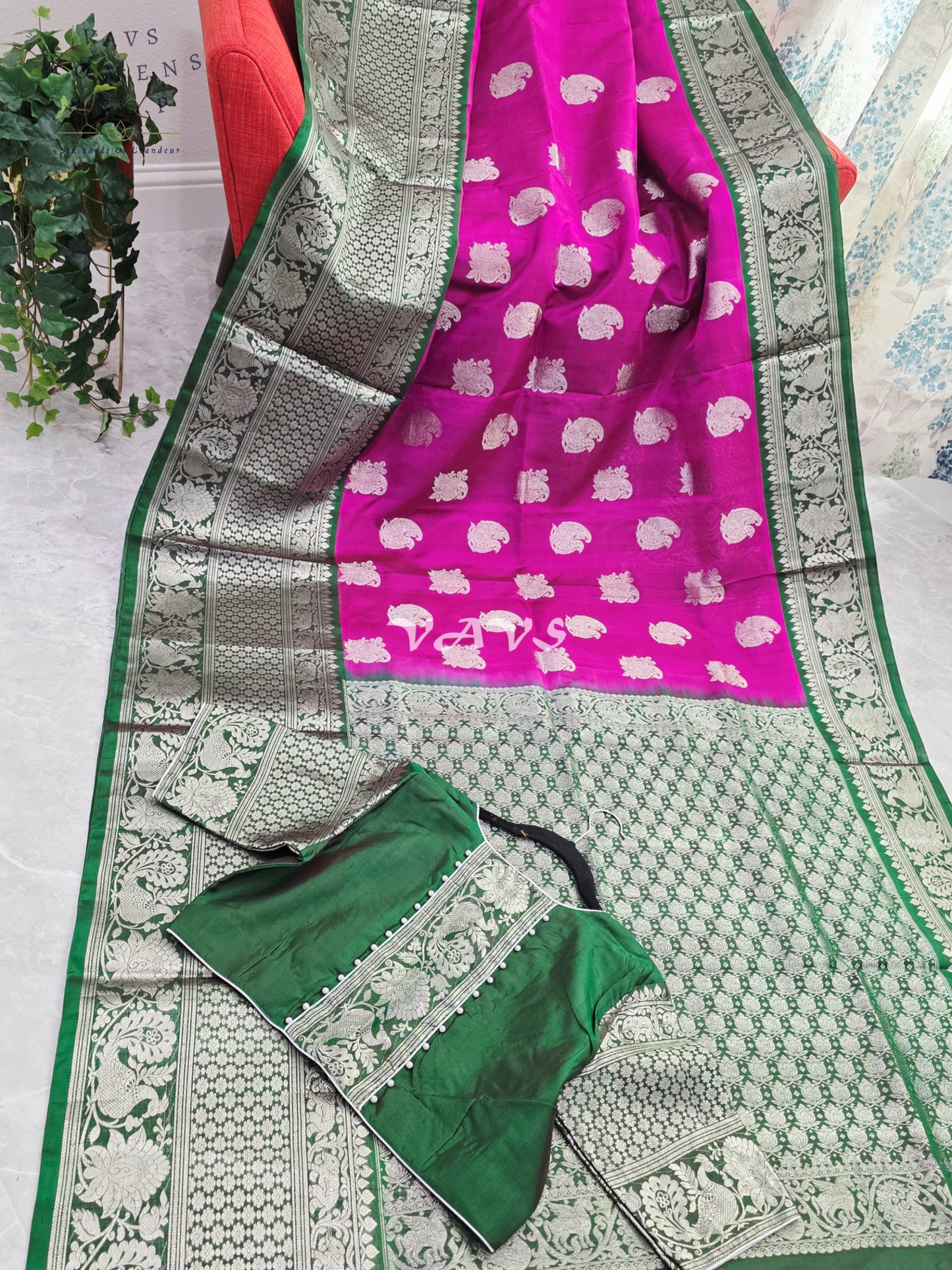 Royal Fuchsia Pink & Emerald Green Pure Venkatagiri Pattu Handloom Saree with Silver Zari Weave & Stitched Blouse
