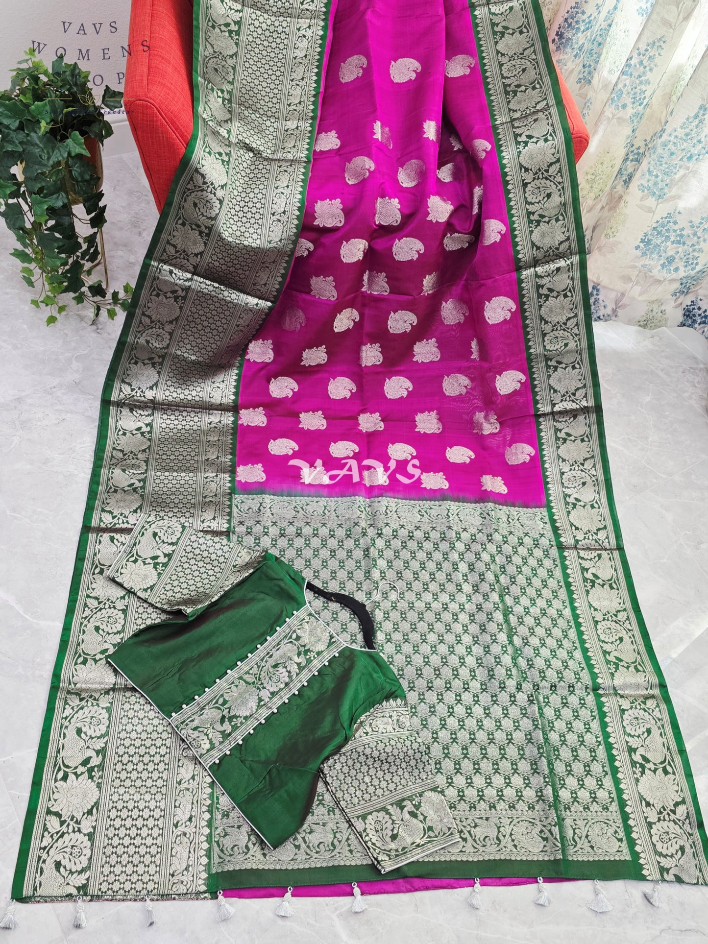 Royal Fuchsia Pink & Emerald Green Pure Venkatagiri Pattu Handloom Saree with Silver Zari Weave & Stitched Blouse
