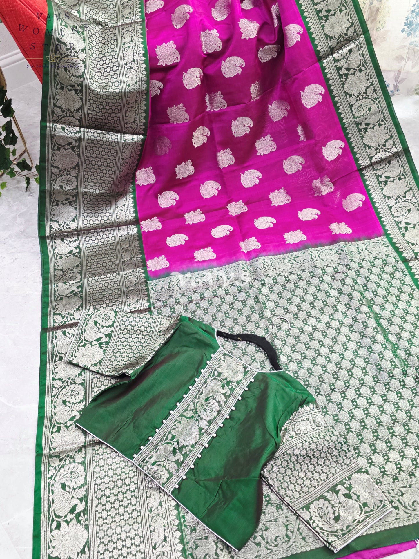 Royal Fuchsia Pink & Emerald Green Pure Venkatagiri Pattu Handloom Saree with Silver Zari Weave & Stitched Blouse