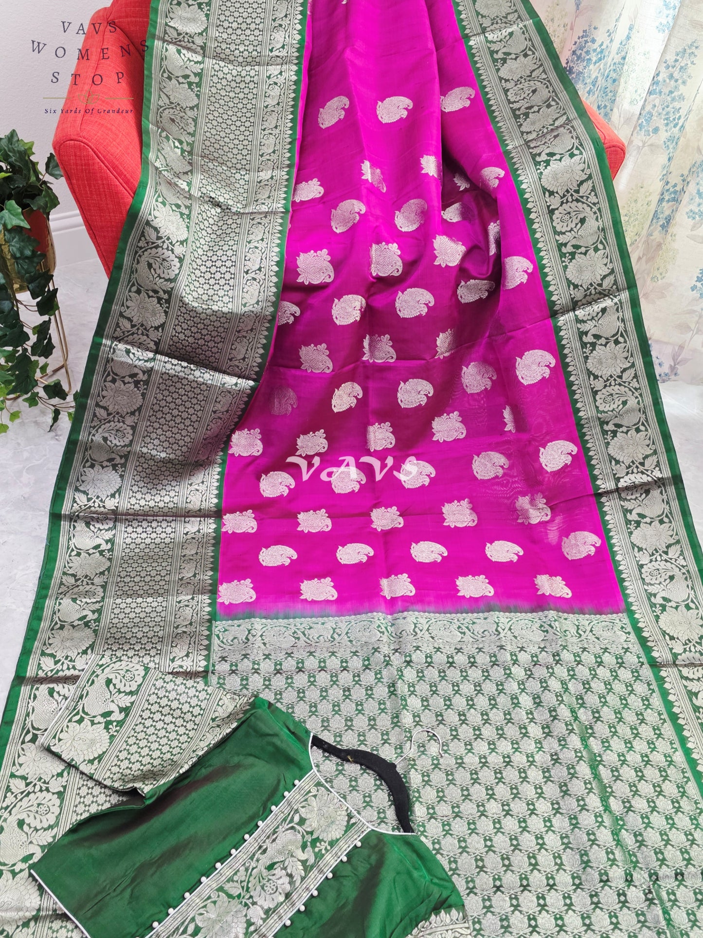 Royal Fuchsia Pink & Emerald Green Pure Venkatagiri Pattu Handloom Saree with Silver Zari Weave & Stitched Blouse