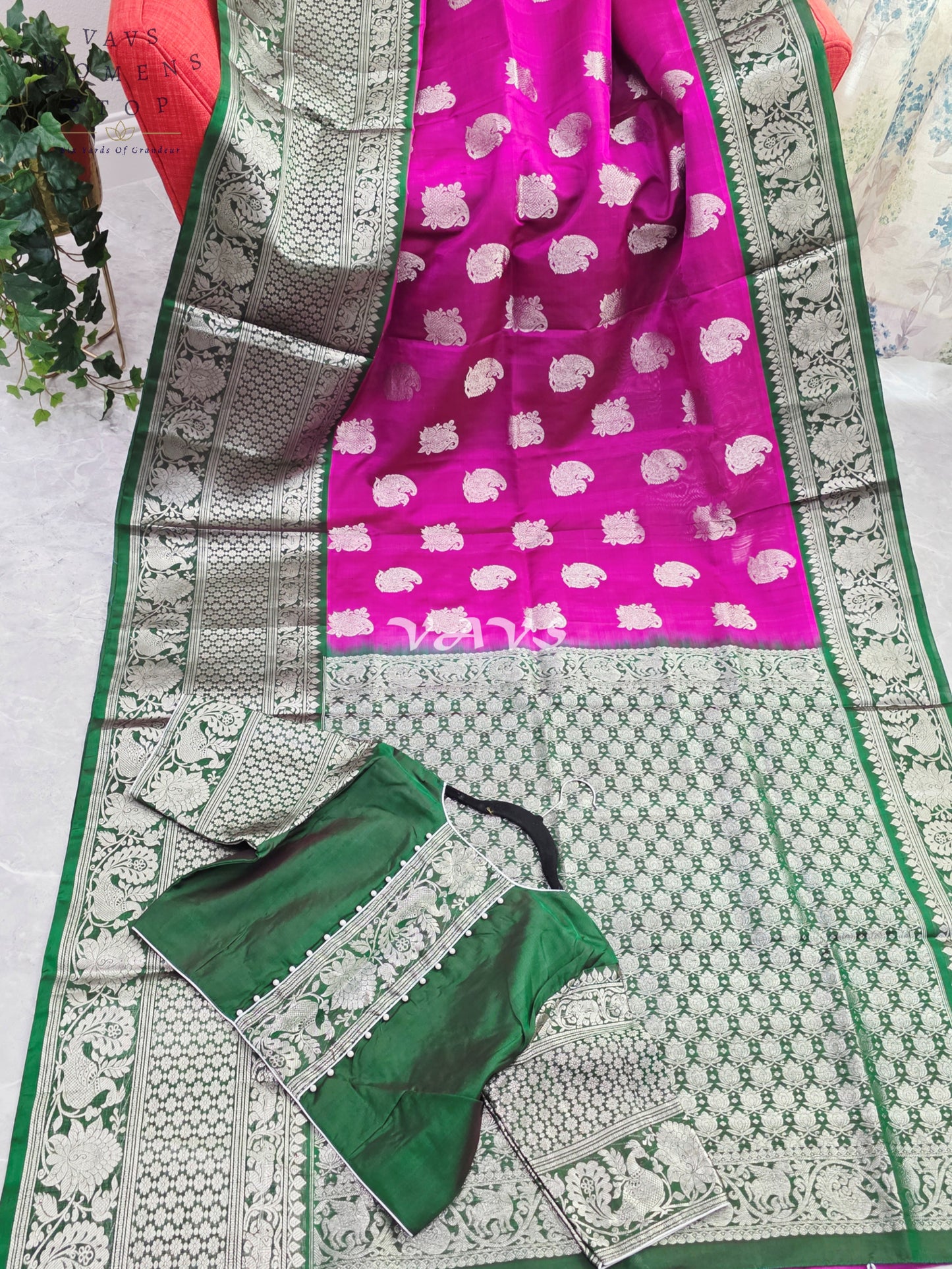 Royal Fuchsia Pink & Emerald Green Pure Venkatagiri Pattu Handloom Saree with Silver Zari Weave & Stitched Blouse
