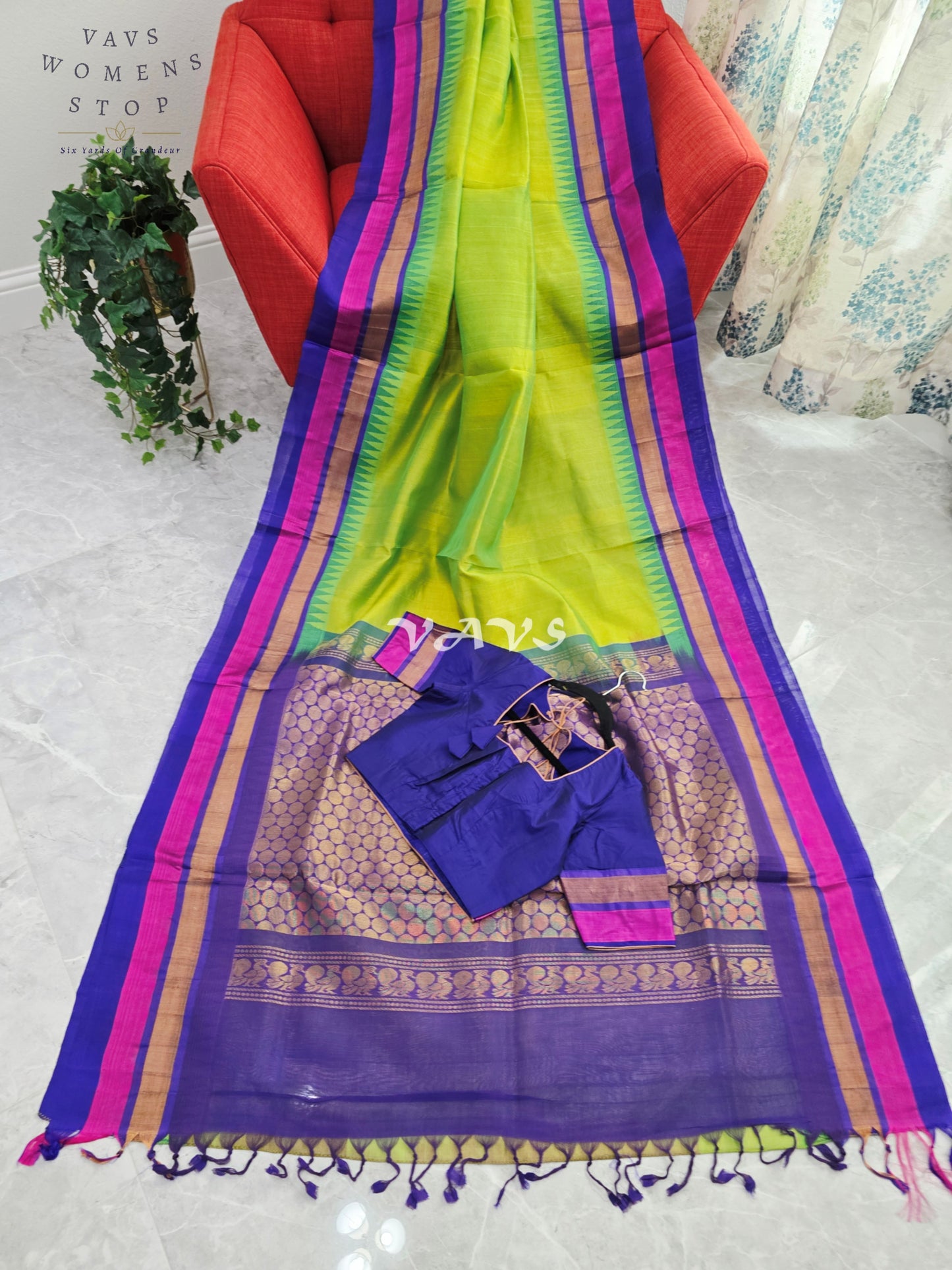Royal Lime Zest & Regal Indigo Pure Kuppadam Pattu Silk Cotton Temple Border Saree with Stitched Blouse