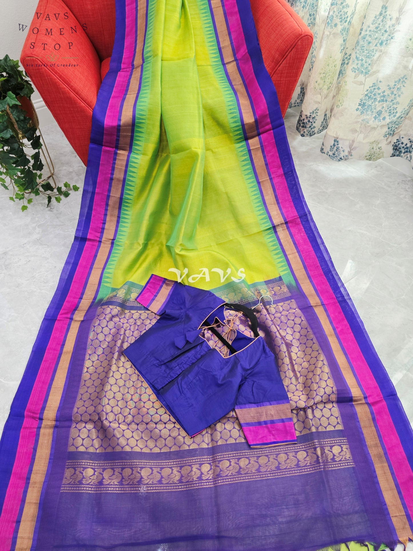 Royal Lime Zest & Regal Indigo Pure Kuppadam Pattu Silk Cotton Temple Border Saree with Stitched Blouse