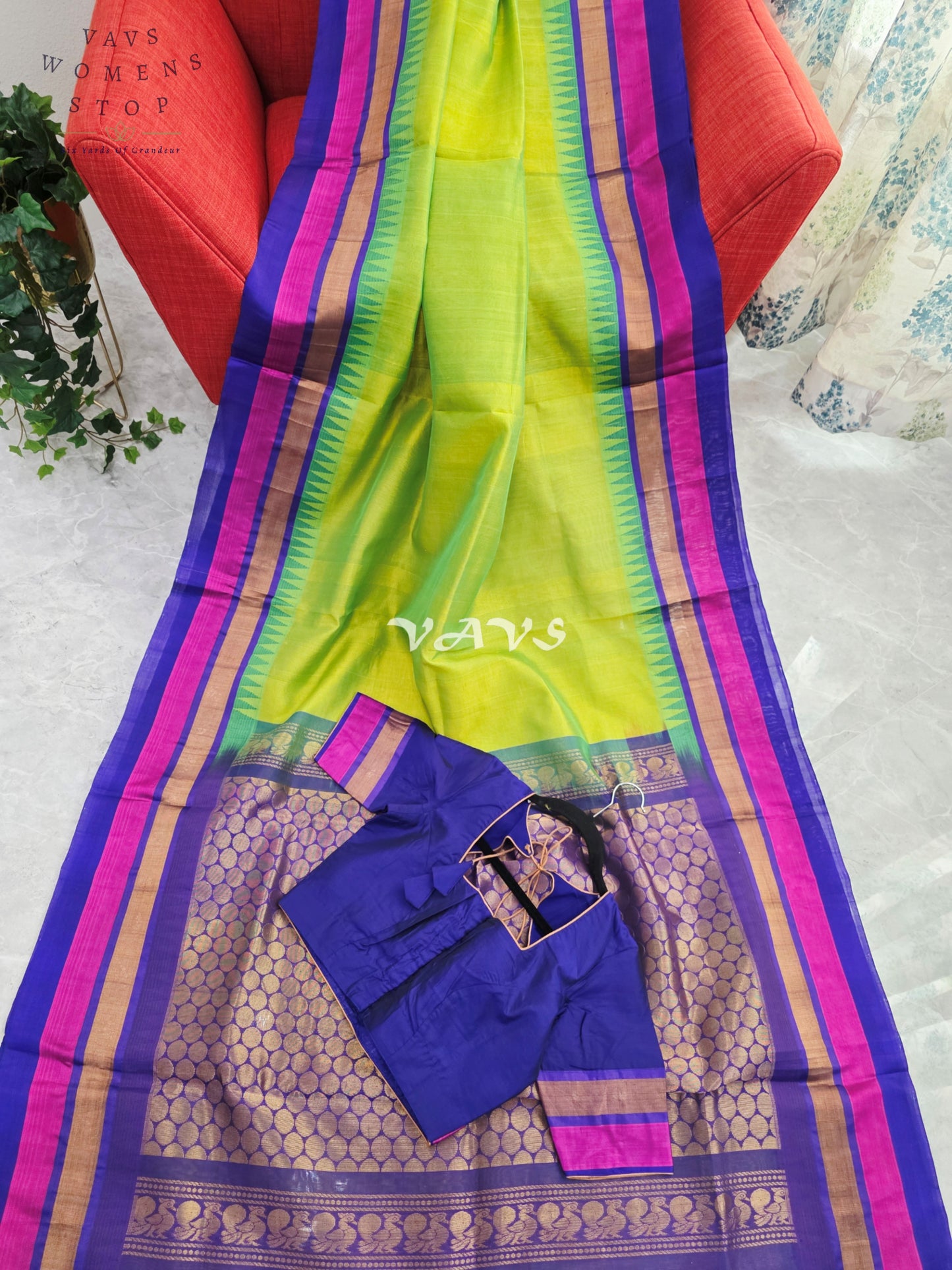 Royal Lime Zest & Regal Indigo Pure Kuppadam Pattu Silk Cotton Temple Border Saree with Stitched Blouse