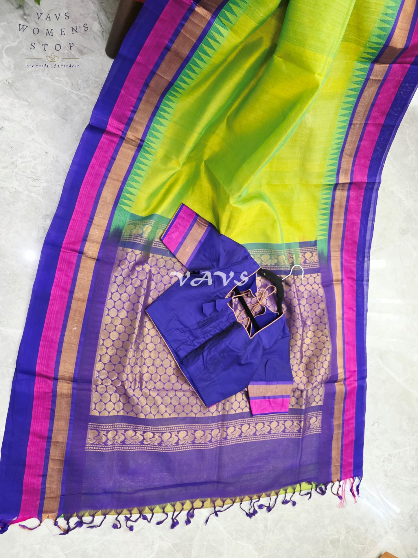 Royal Lime Zest & Regal Indigo Pure Kuppadam Pattu Silk Cotton Temple Border Saree with Stitched Blouse