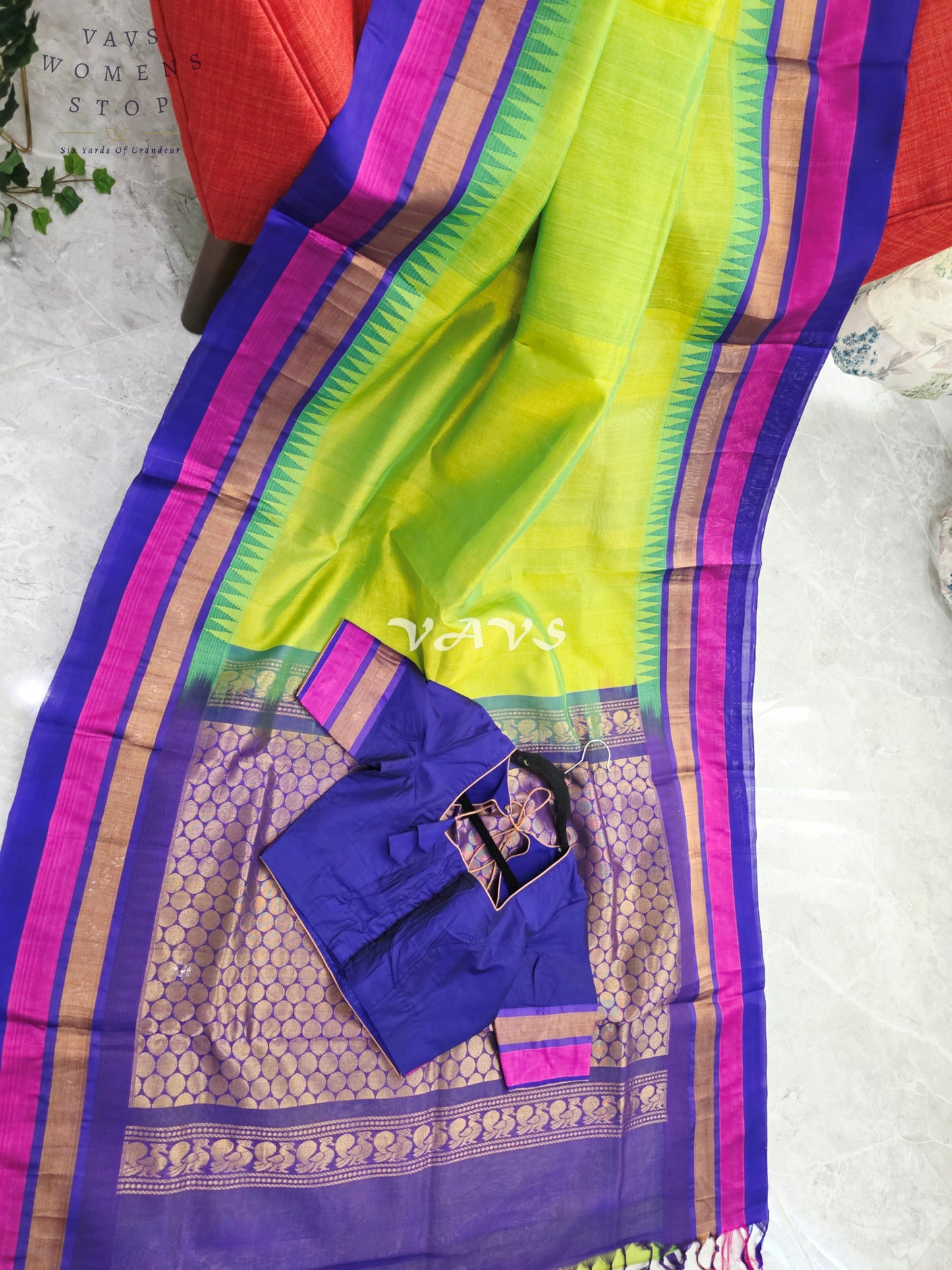 Royal Lime Zest & Regal Indigo Pure Kuppadam Pattu Silk Cotton Temple Border Saree with Stitched Blouse