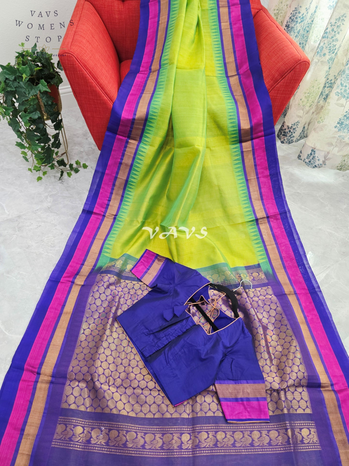 Royal Lime Zest & Regal Indigo Pure Kuppadam Pattu Silk Cotton Temple Border Saree with Stitched Blouse