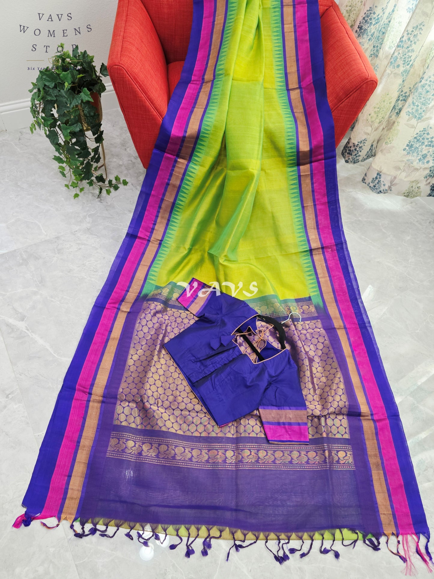 Royal Lime Zest & Regal Indigo Pure Kuppadam Pattu Silk Cotton Temple Border Saree with Stitched Blouse