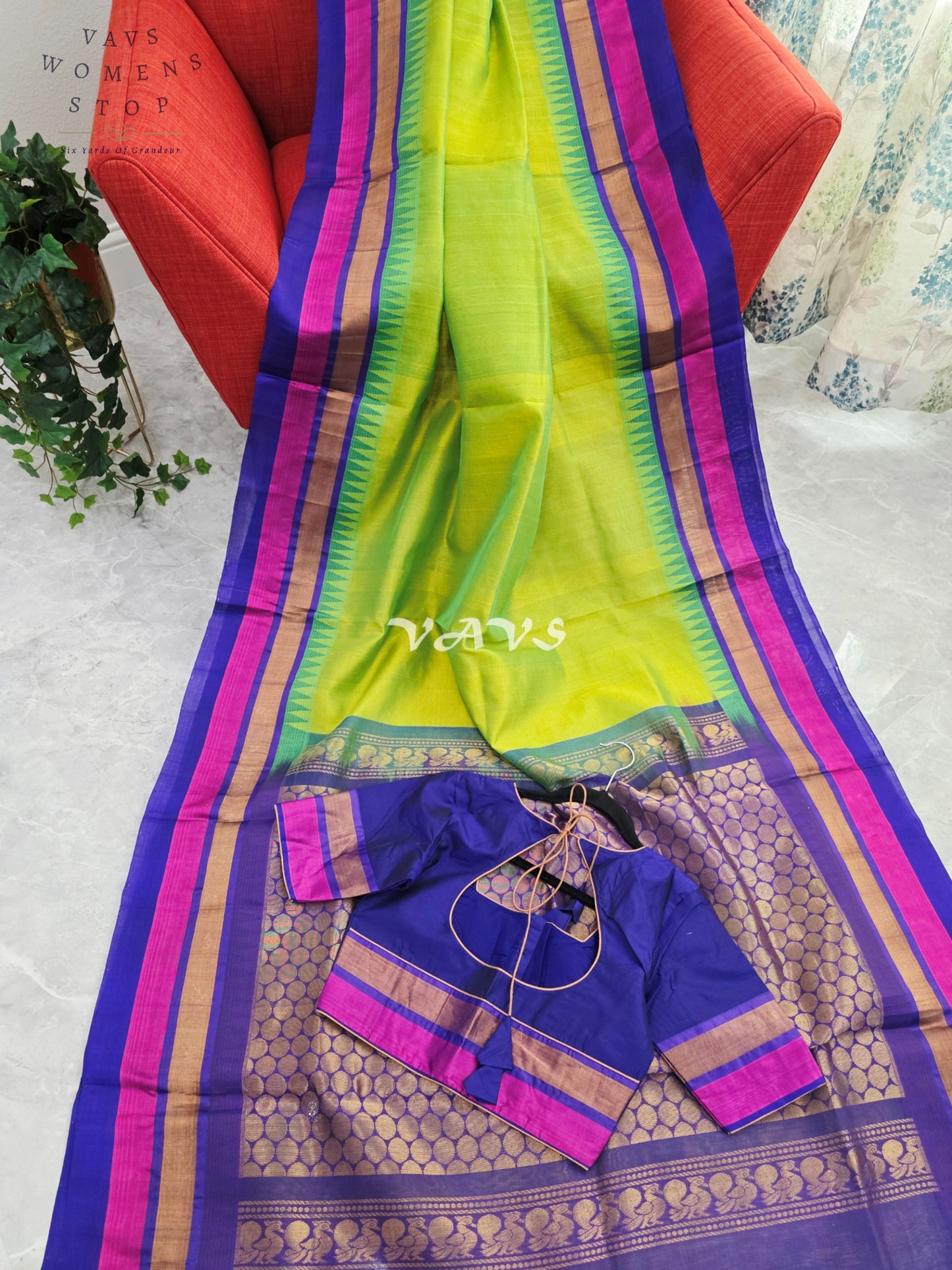 Royal Lime Zest & Regal Indigo Pure Kuppadam Pattu Silk Cotton Temple Border Saree with Stitched Blouse