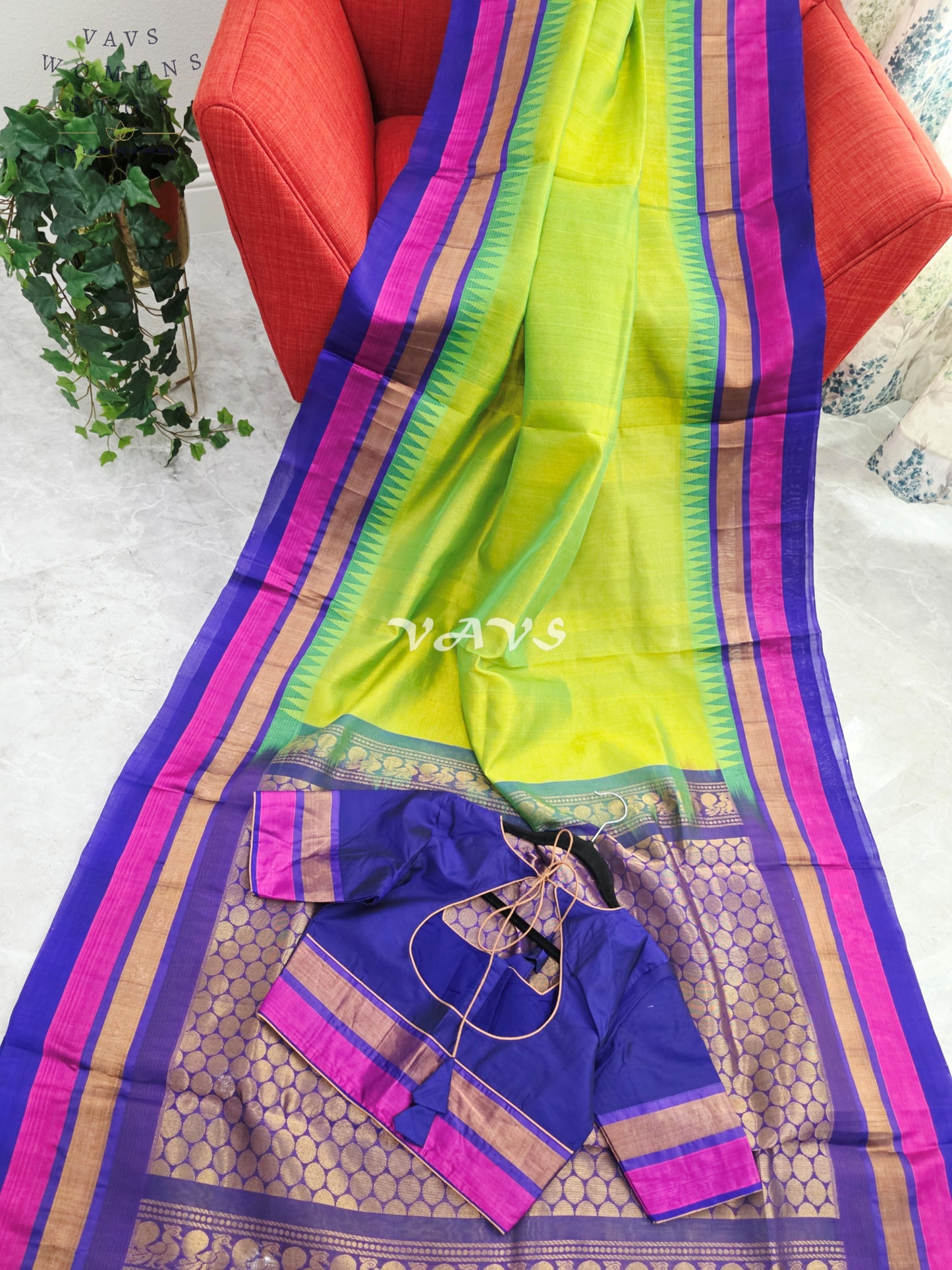 Royal Lime Zest & Regal Indigo Pure Kuppadam Pattu Silk Cotton Temple Border Saree with Stitched Blouse