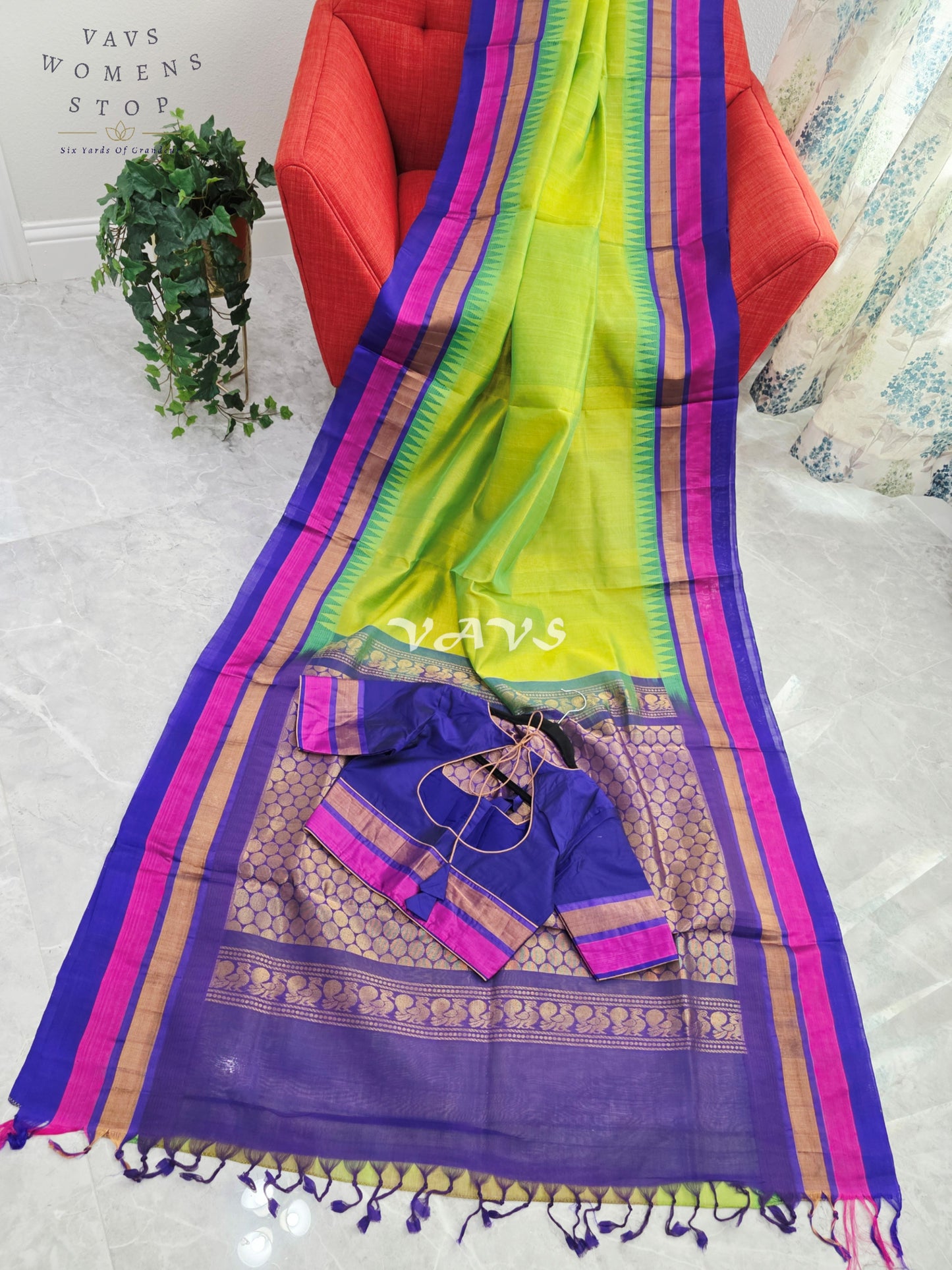Royal Lime Zest & Regal Indigo Pure Kuppadam Pattu Silk Cotton Temple Border Saree with Stitched Blouse